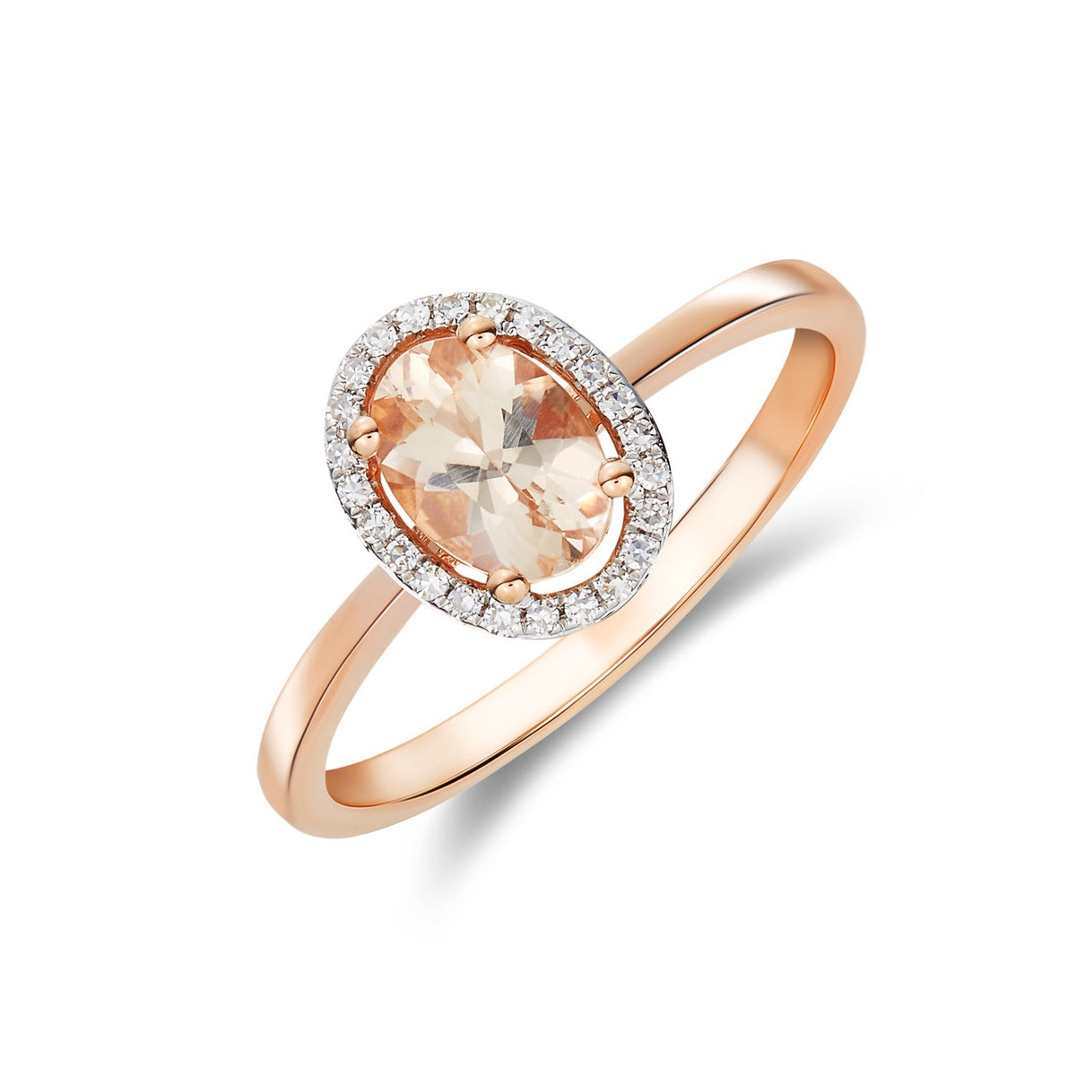 9CT RG 7X5 OVAL MORGANITE & DIAMOND HALO CLAW SET CLUSTER RING. RHODIUM TO DIAMONDS