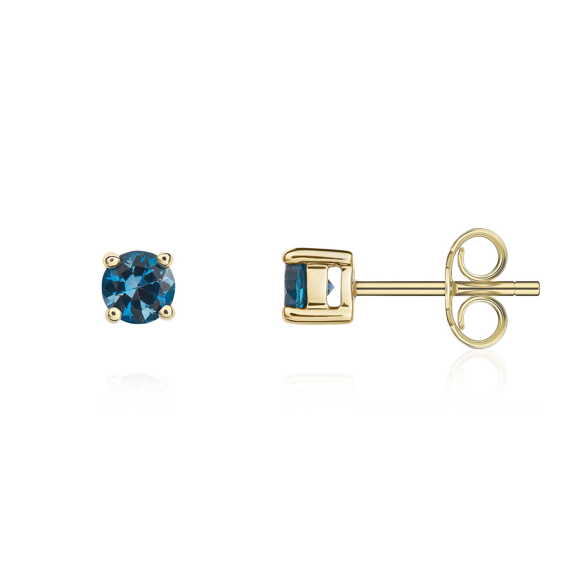 9CT YG 4MM ROUND LONDON BLUE TOPAZ 4 CLAW EARRINGS