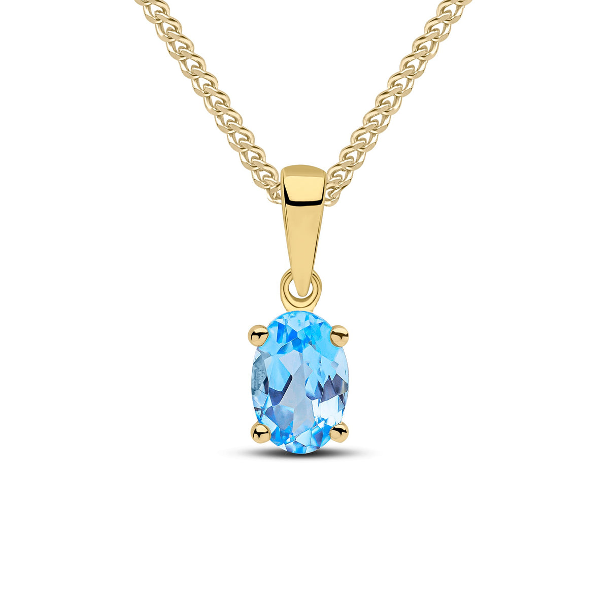 9CT YG 6X4 OVAL SWISS BLUE TOPAZ CLAW SET PENDANT