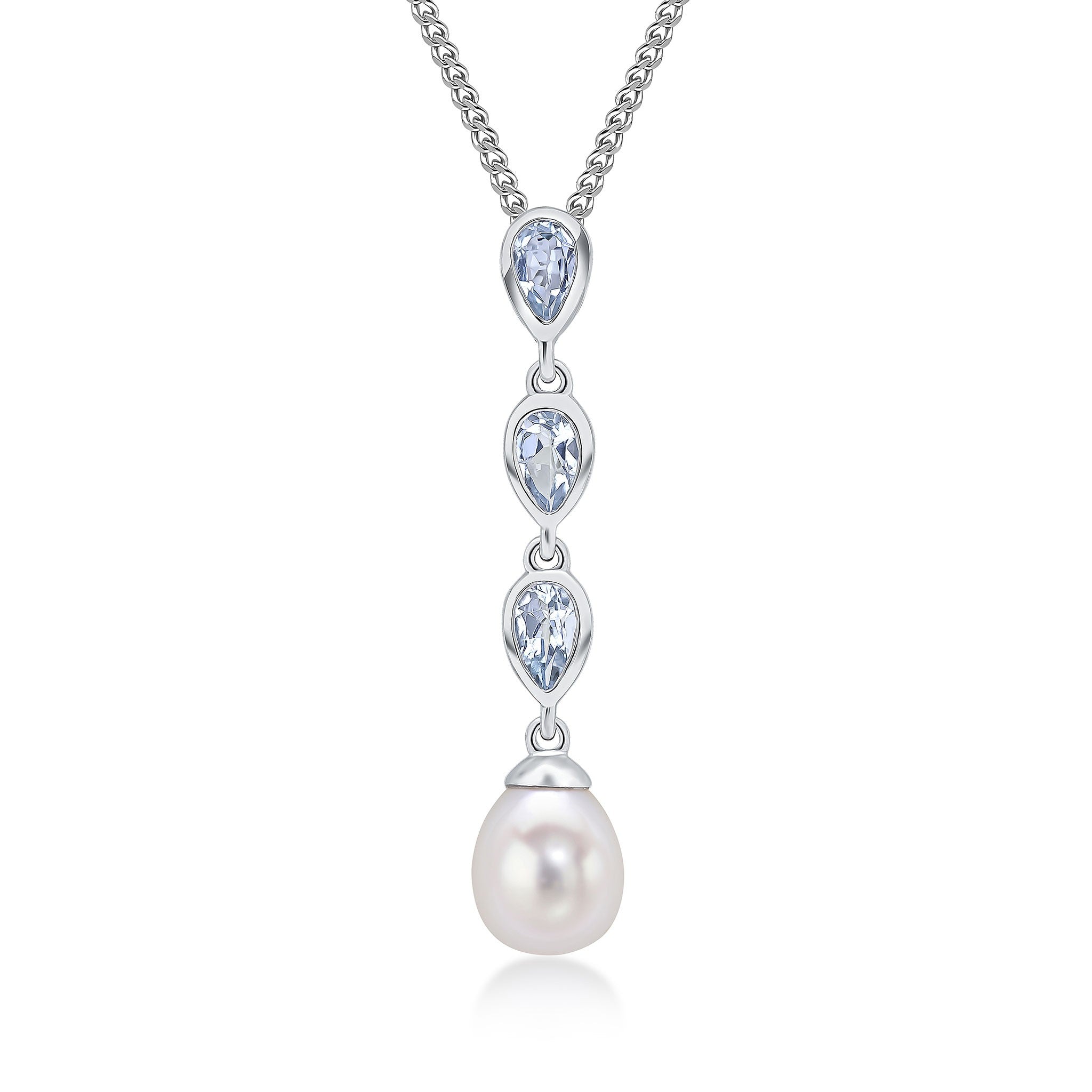 9CT WG PEARL & TRIPLE PEARSHAPE AQUA DROP PENDANT