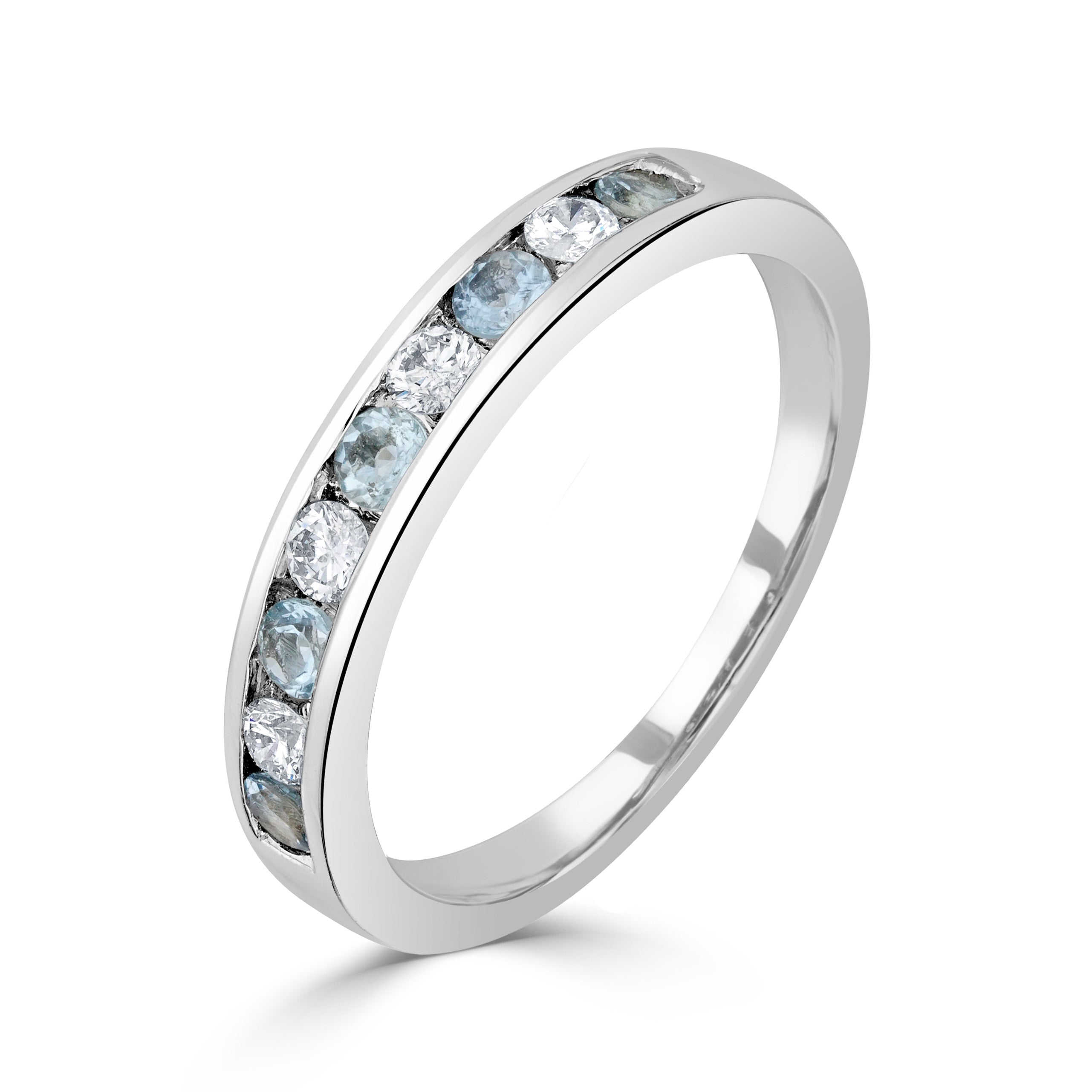 9CT WG ROUND AQUA AND DIAMOND 9ST CHANNEL SET HALF ETERNITY RING