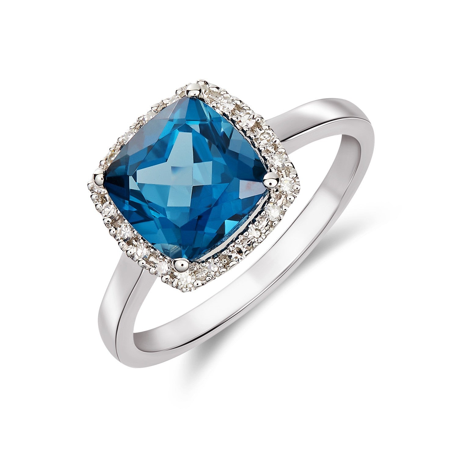 9CT WG 8MM CUSHION LONDON BLUE TOPAZ AND ROUND DIAMOND CLAW CLUSTER RING