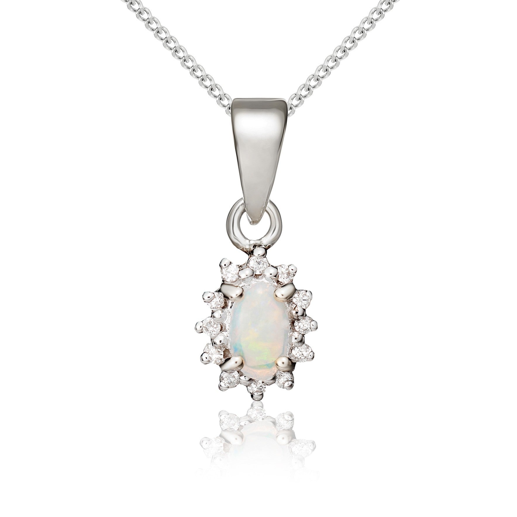 9CT WG 5X3 OVAL OPAL & DIAMOND CLAW SET CLUSTER PENDANT