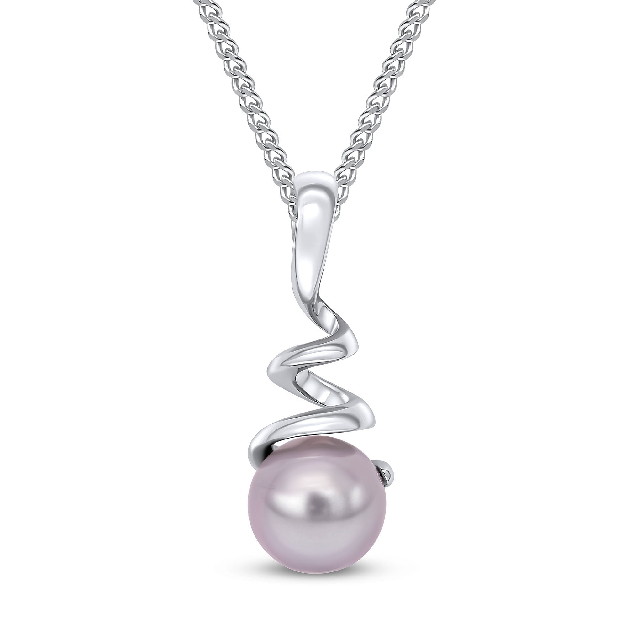 9CT WHITE GOLD GREY ROUND FRESHWATER CULTURED PEARL & SPIRAL PENDANT