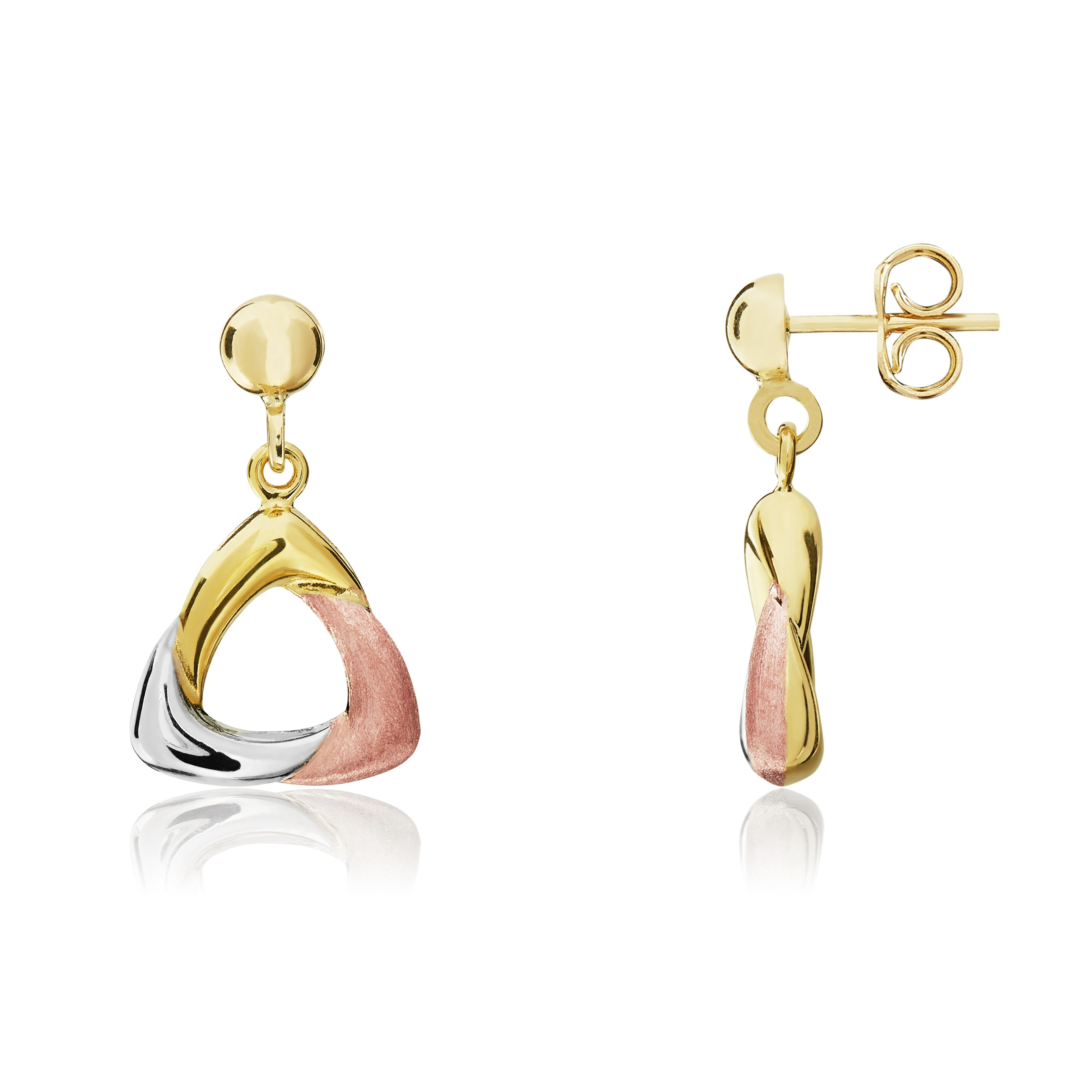 9CT 3 COLOUR GOLD POLISHED AND SATIN OPEN TRIANGLE DROP EARRINGS