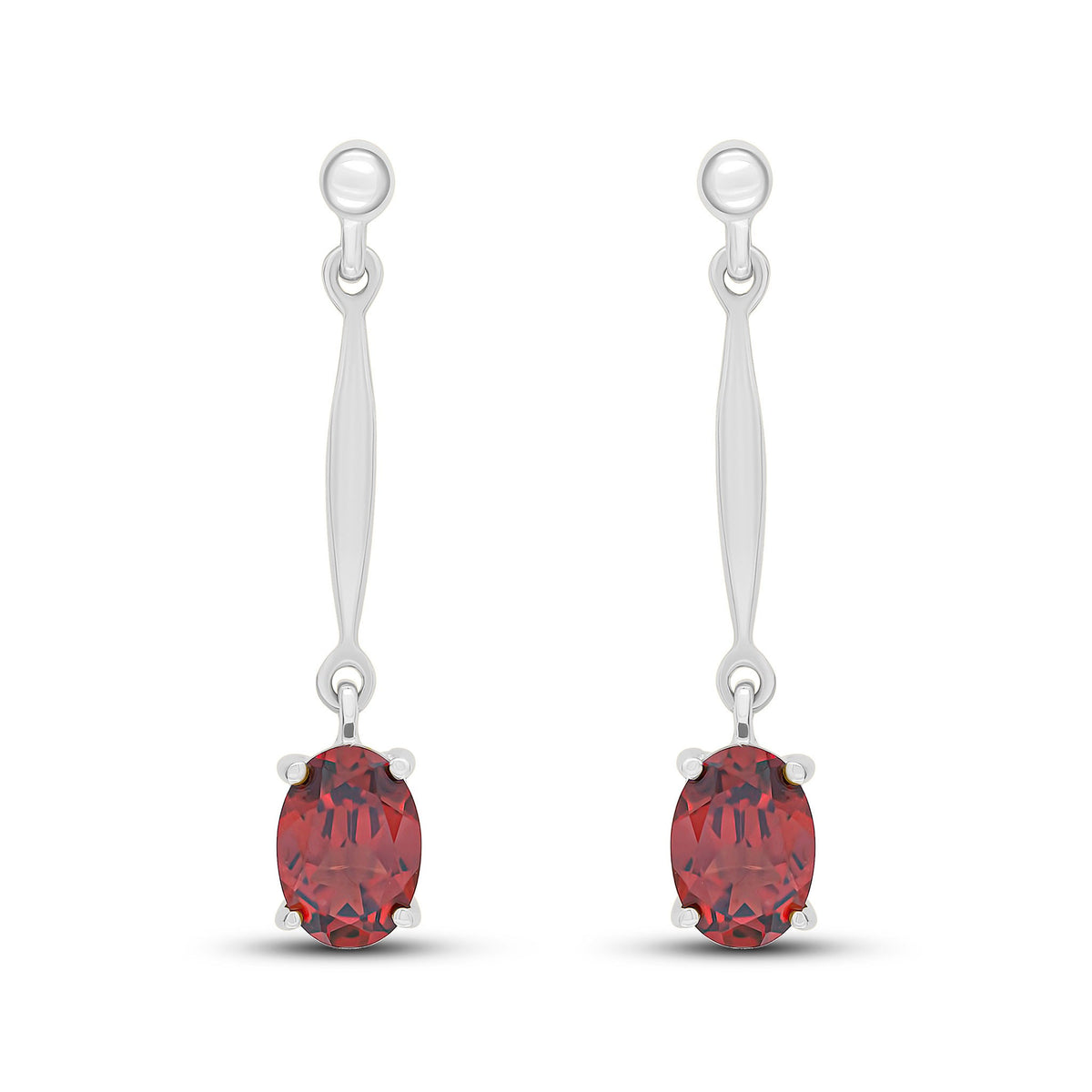 9CT WG 7X5MM OVAL GARNET AND BAR DROP EARRINGS WITH BEAD TOP