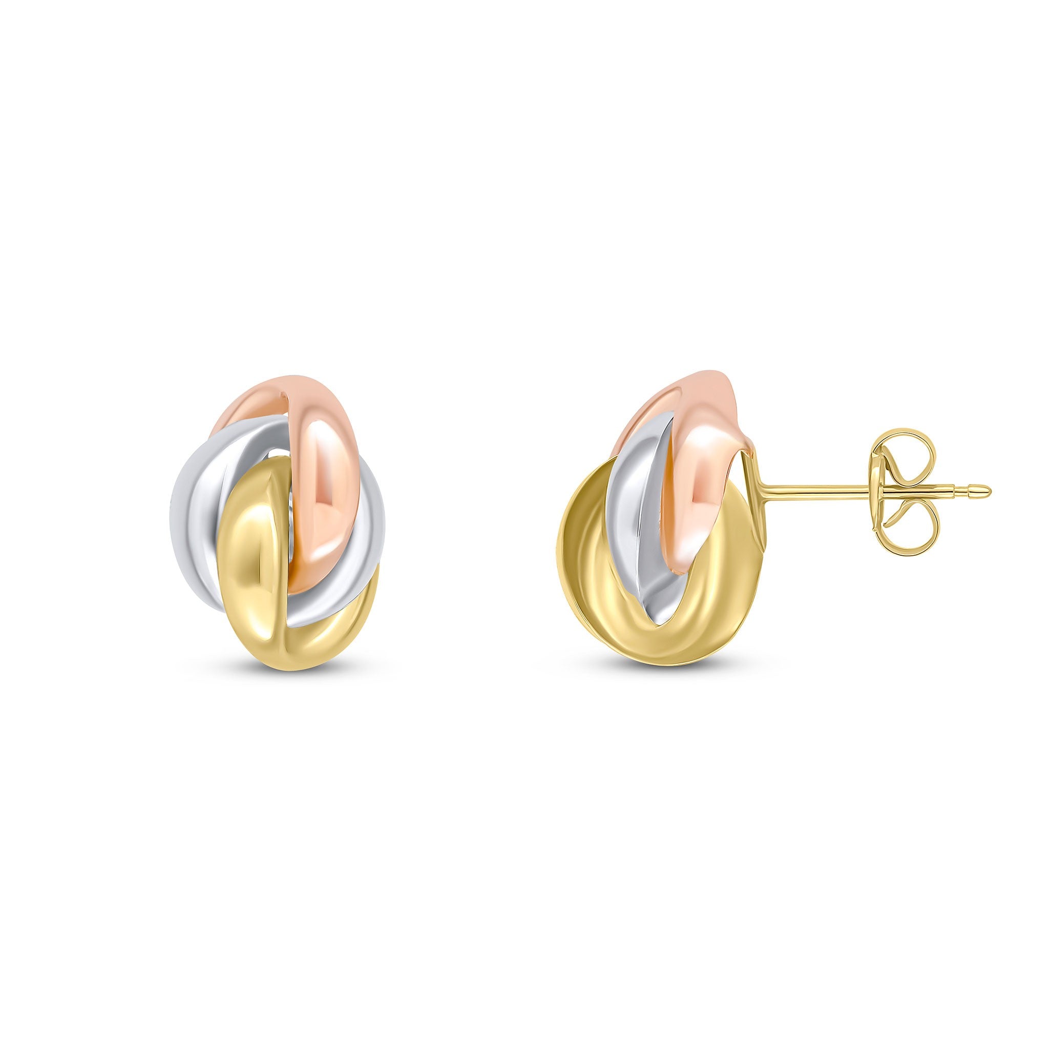 9CT YELLOW, WHITE AND ROSE GOLD POLISHED FINISH OVAL FANCY KNOT STUD EARRINGS