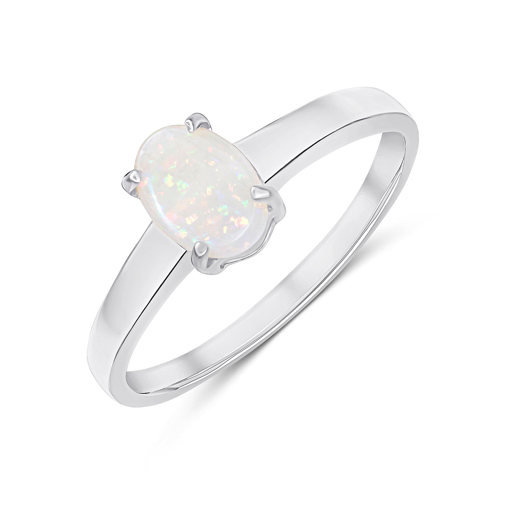 9CT WHITE GOLD 7X5MM OVAL OPAL 4 CLAW SINGLE STONE RING