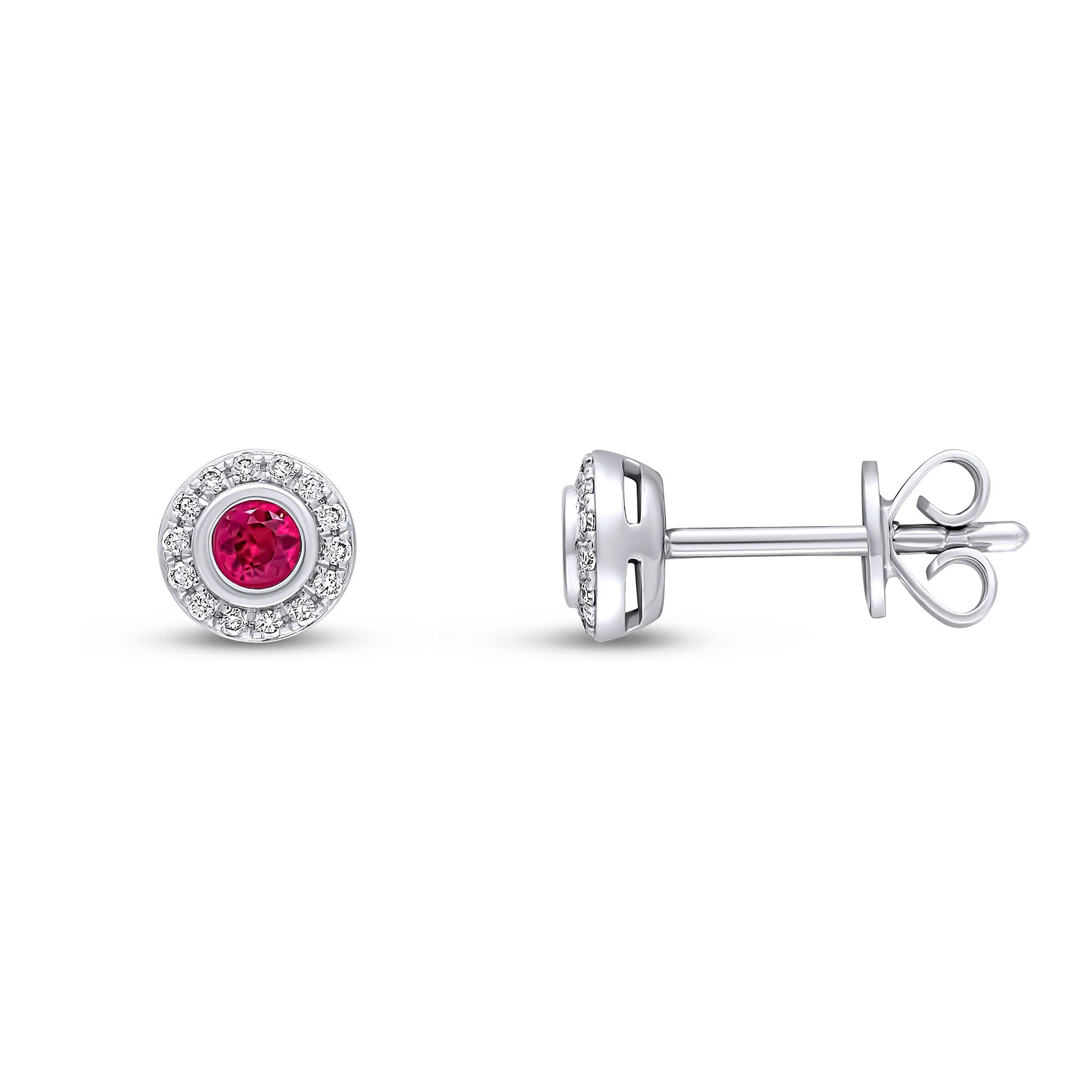18CT WG RUBOBVER ROUND RUBY & GRAIN SET DIAMOND CLUSTER EARRINGS