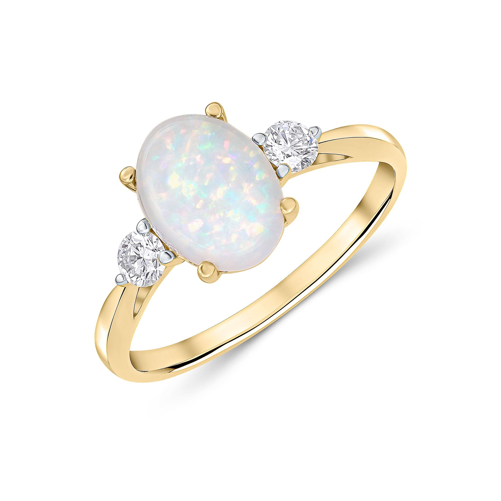18CT YG 9X7 OVAL OPAL & DIAMOND CLAW SET 3 STONE RING. RHODIUM TO DIAMONDS