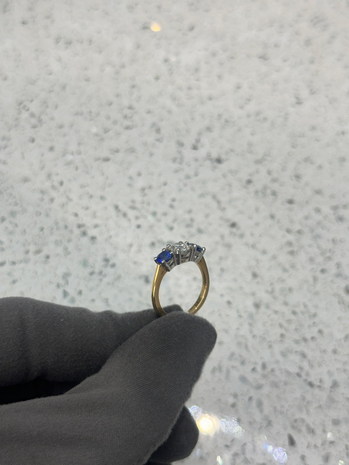18ct Yellow Gold Platinum head Blue Sapphire & Diamond Trilogy/3 Stone Ring