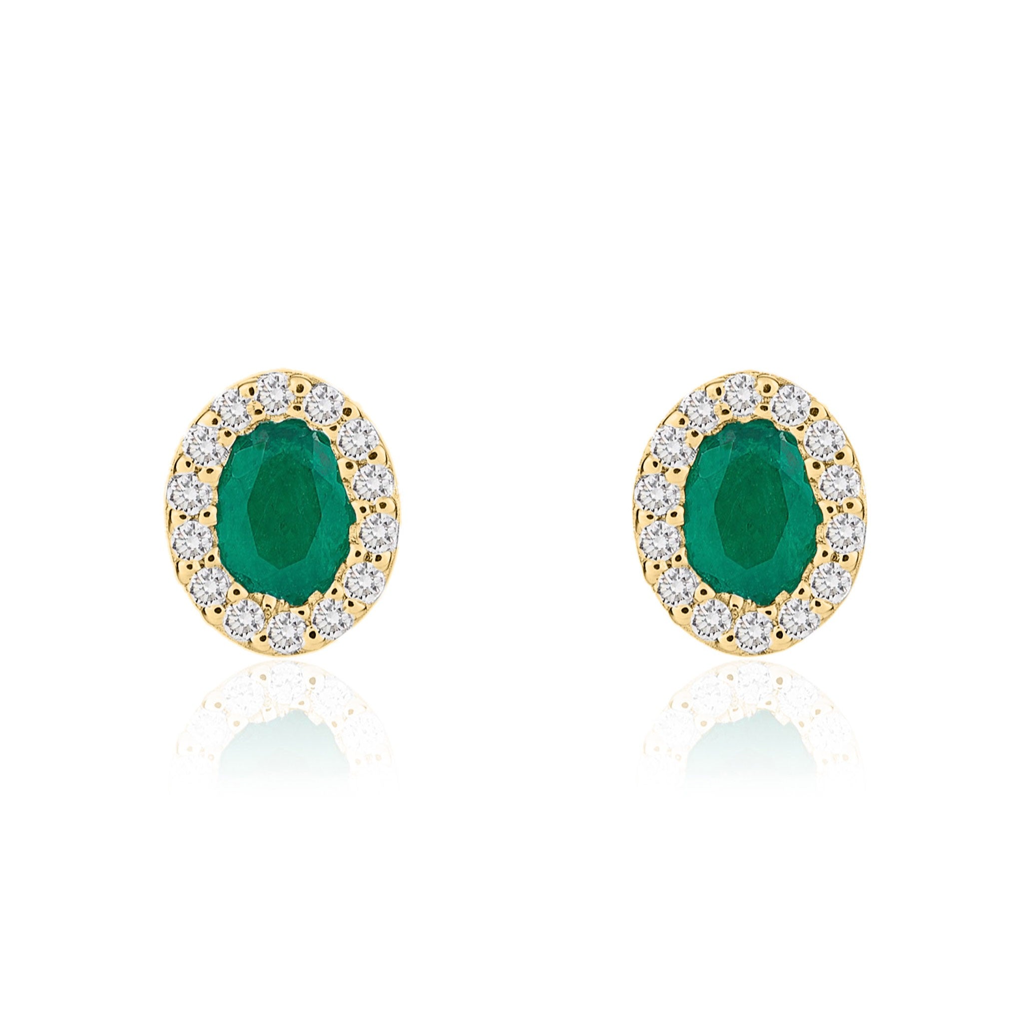 18CT YG 4X3 OVAL EMERALD & DIAMOND MICROSET CLUSTER EARRINGS