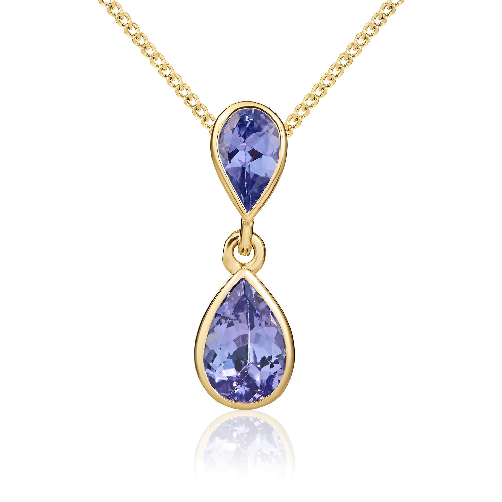 9CT YG PEARSHAPE TANZANITE RUBOVER 2ST DROP PENDANT