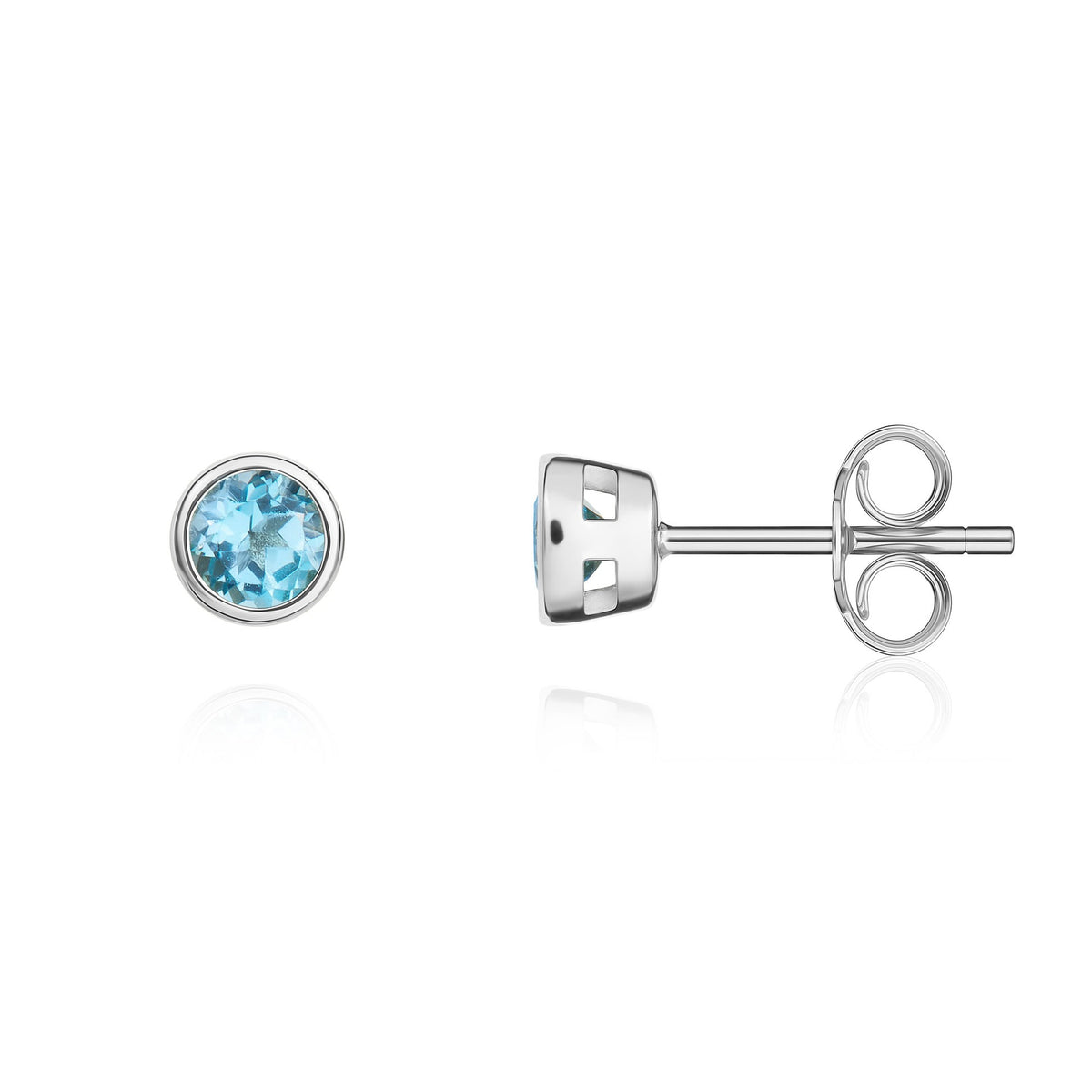 9CT WG 3MM ROUND SWISS BLUE TOPAZ RUBOVER STUD EARRINGS