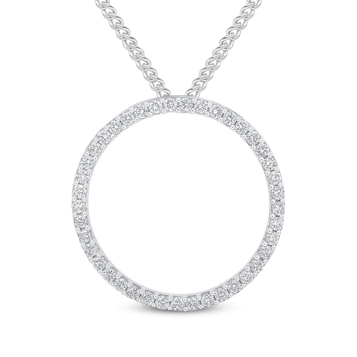 18CT WHITE GOLD ROUND DIAMOND CLAW SET OPEN CIRCLE SLIDER PENDANT. 35MM DIAMETER