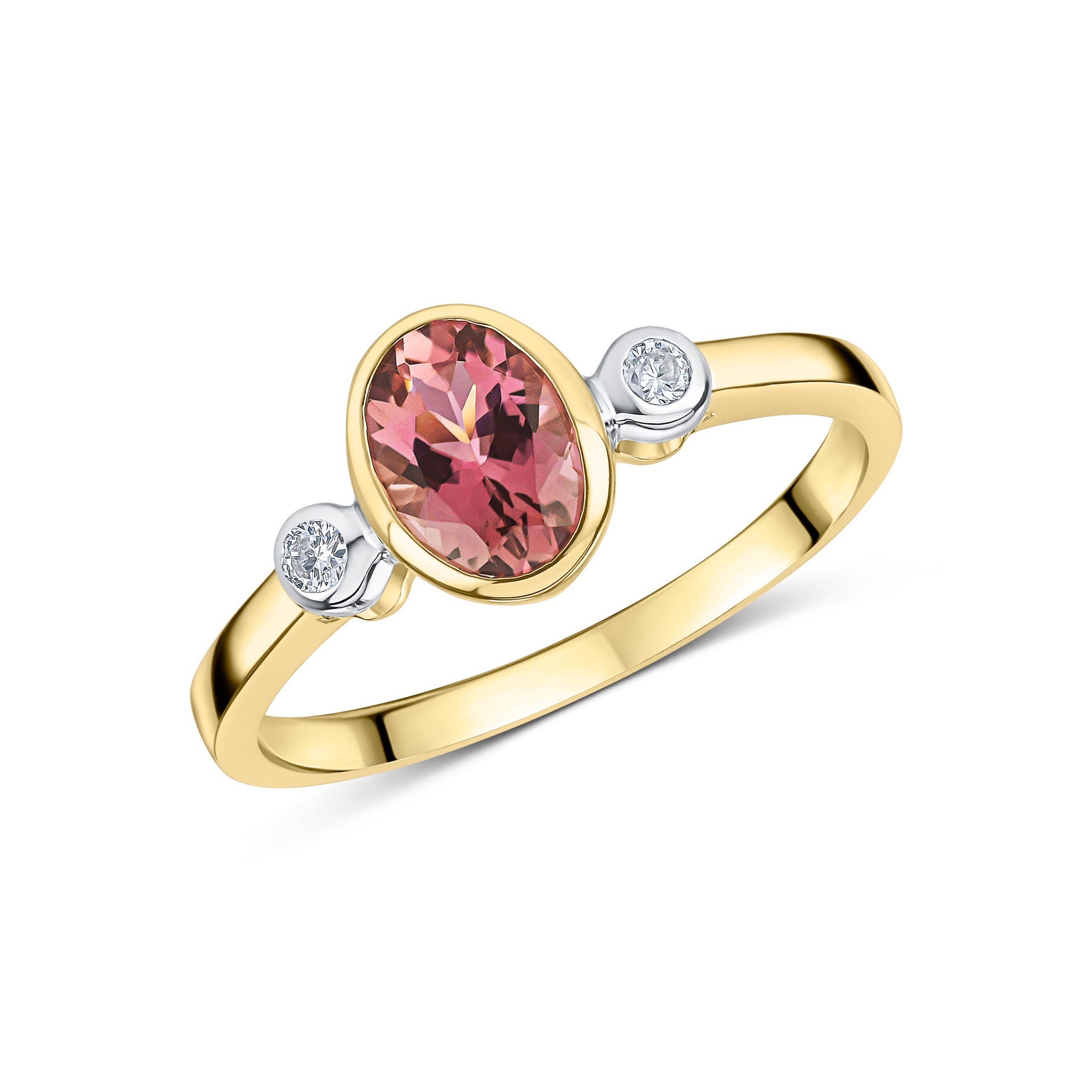 9CT YG 7X5 OVAL PINK TOURMALINE AND ROUND DIAMOND 3ST RUBOVER RING. RHODIUM TO DIAMONDS