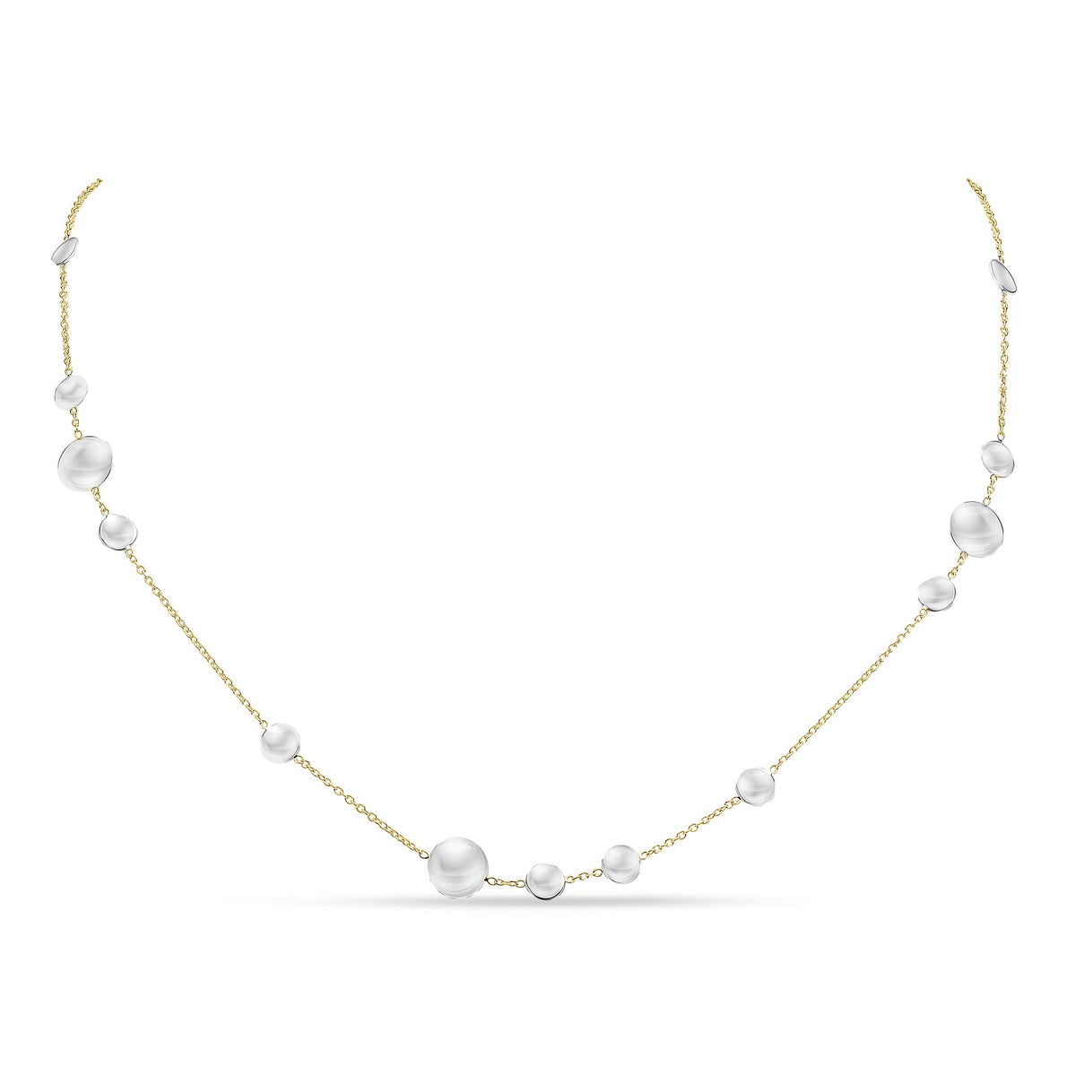 9CT YG CHAIN NECKLACE WITH WHITE GOLD POLISHED FLAT DISCS. 18 INCH