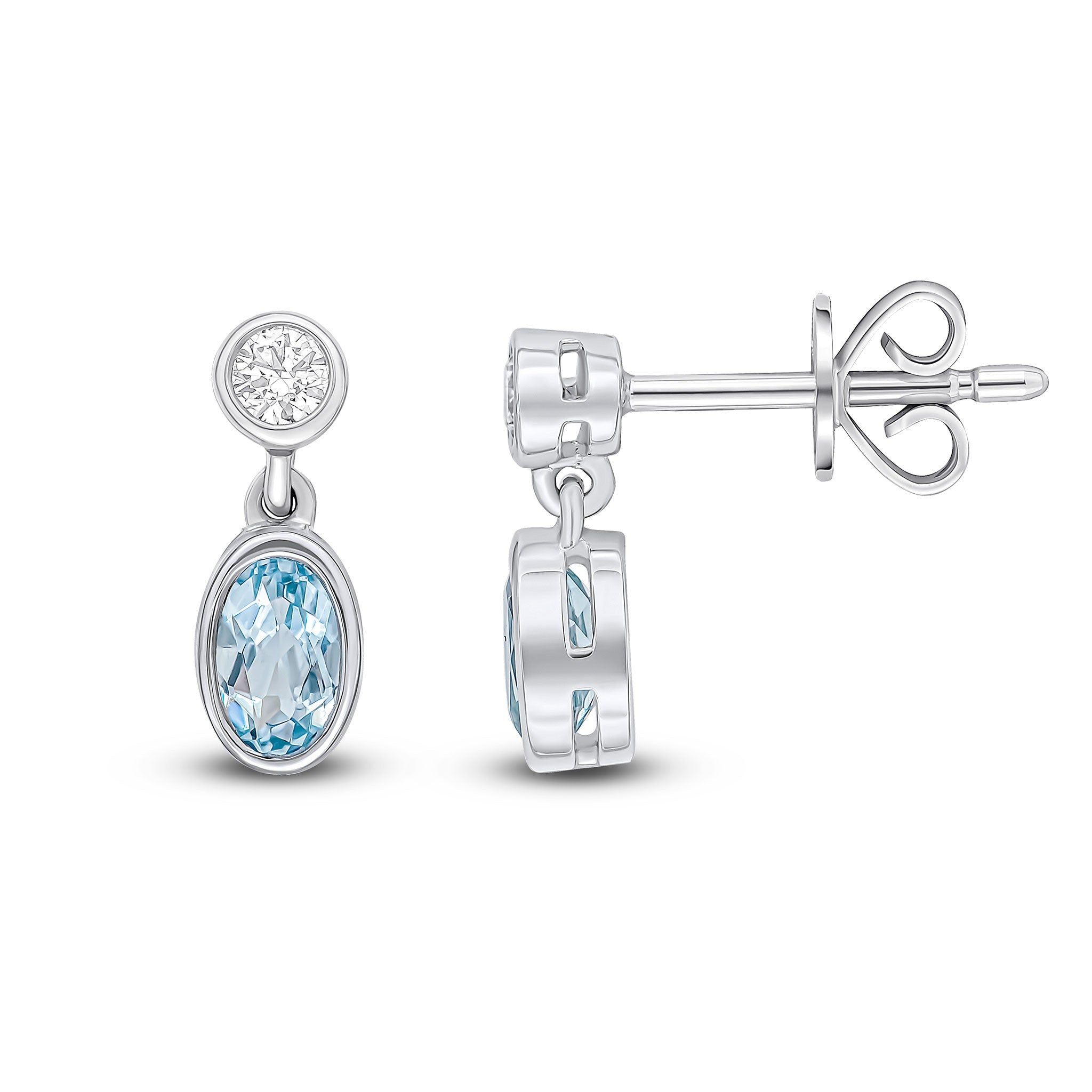 18CT WG OVAL AQUA AND ROUND DIAMOND 2ST RUBOVER DROP EARRING