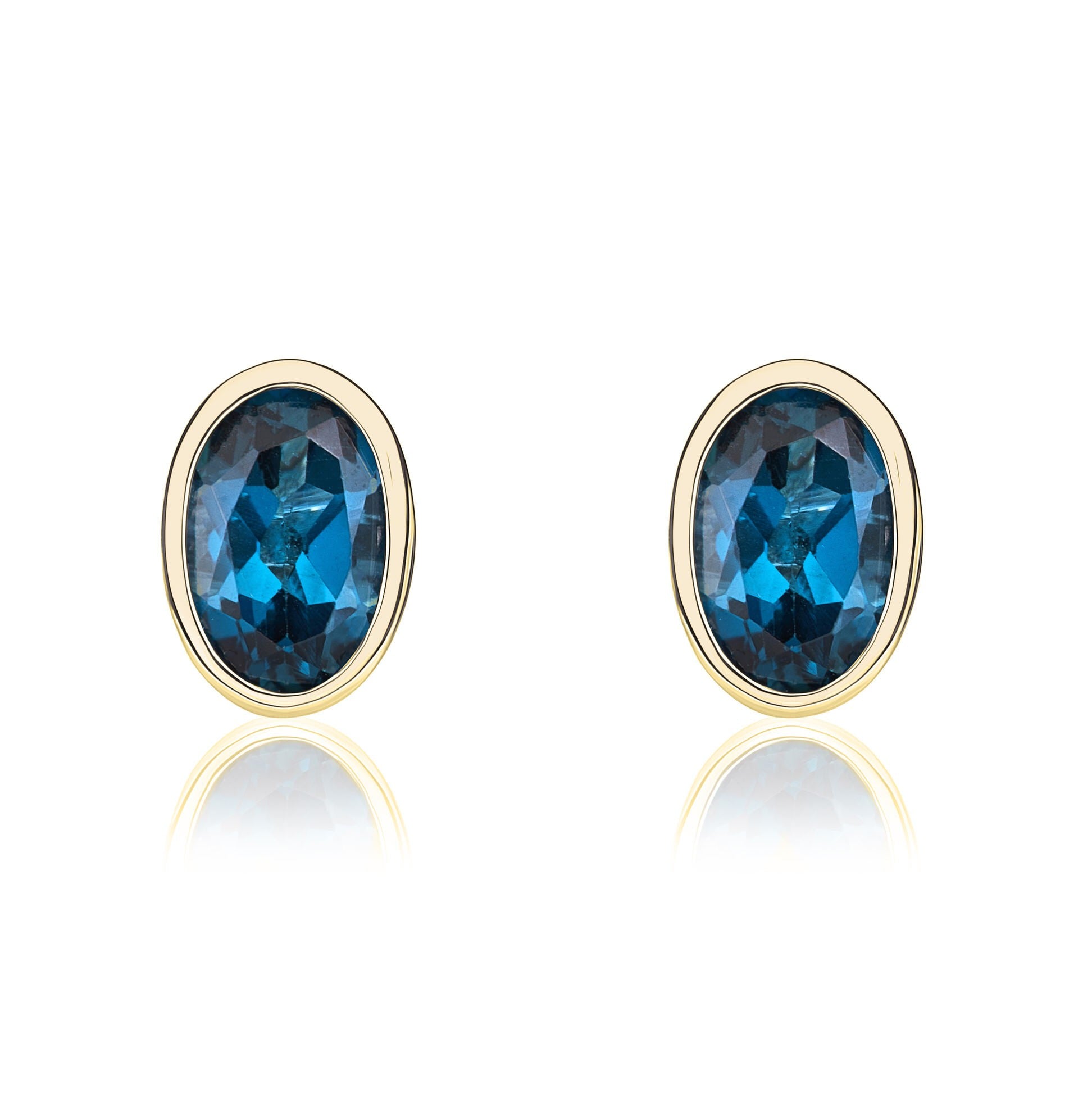 9CT YG 6X4 OVAL LONDON BLUE TOPAZ RUBOVER STUD EARRINGS