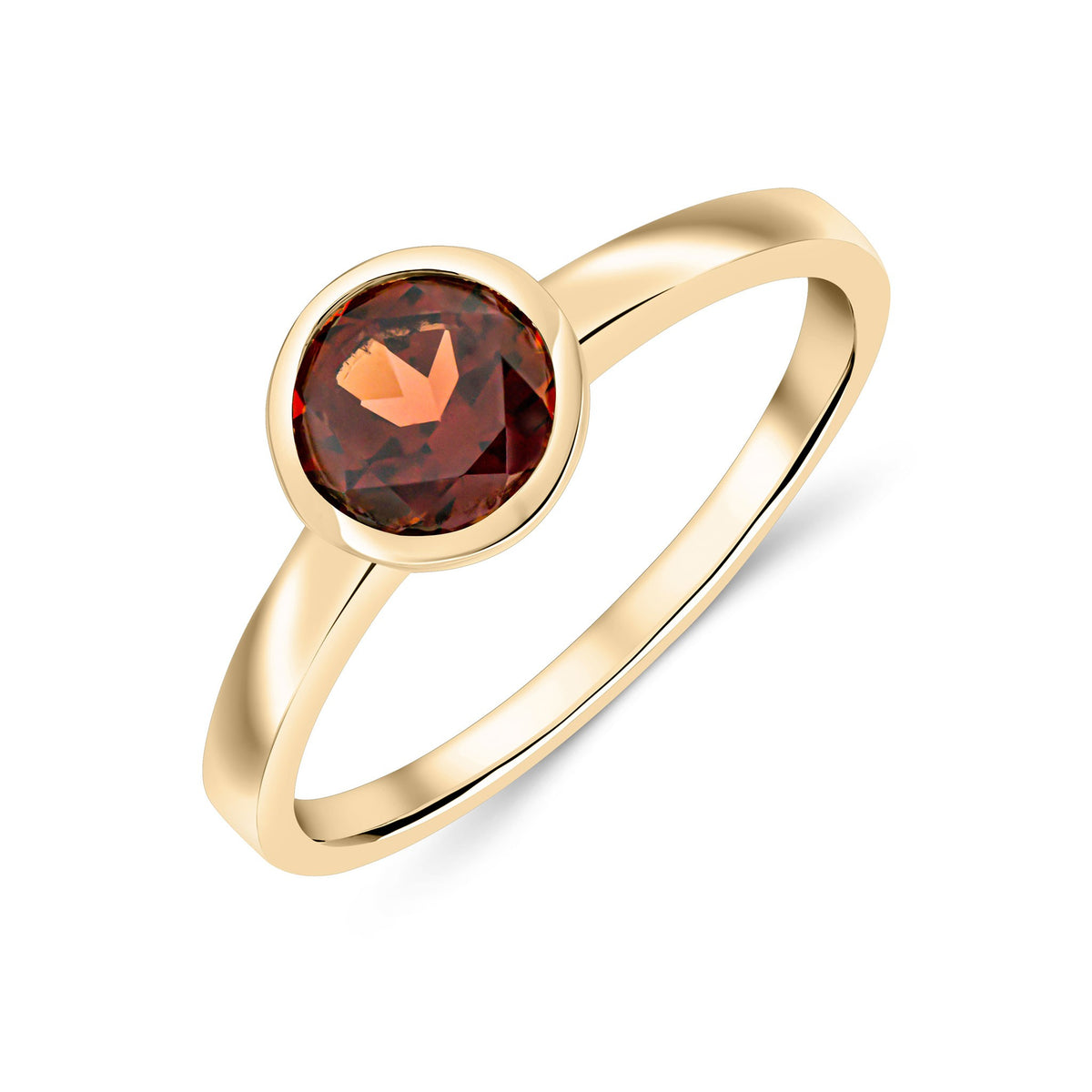 9CT YG 6MM ROUND GARNET RUBOVER SET SINGLE STONE RING