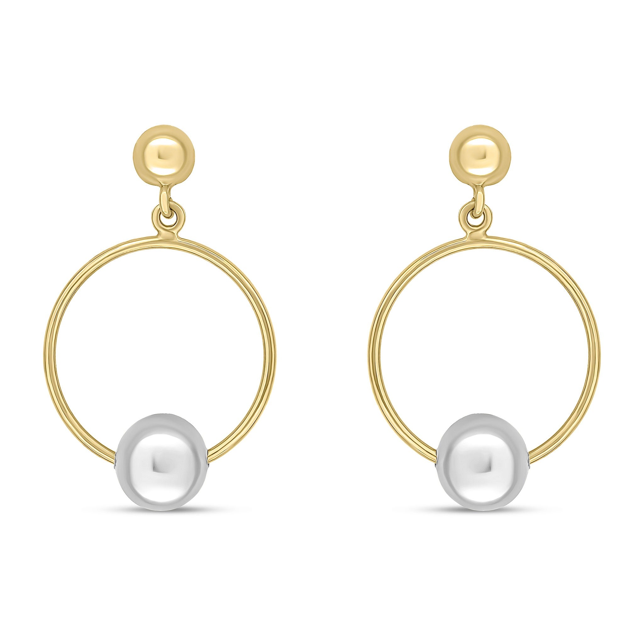 9CT YELLOW GOLD RING AND POLISHED 6MM WHITE GOLD BALL DROP EARRINGS WITH HALF BEAD STUD TOP