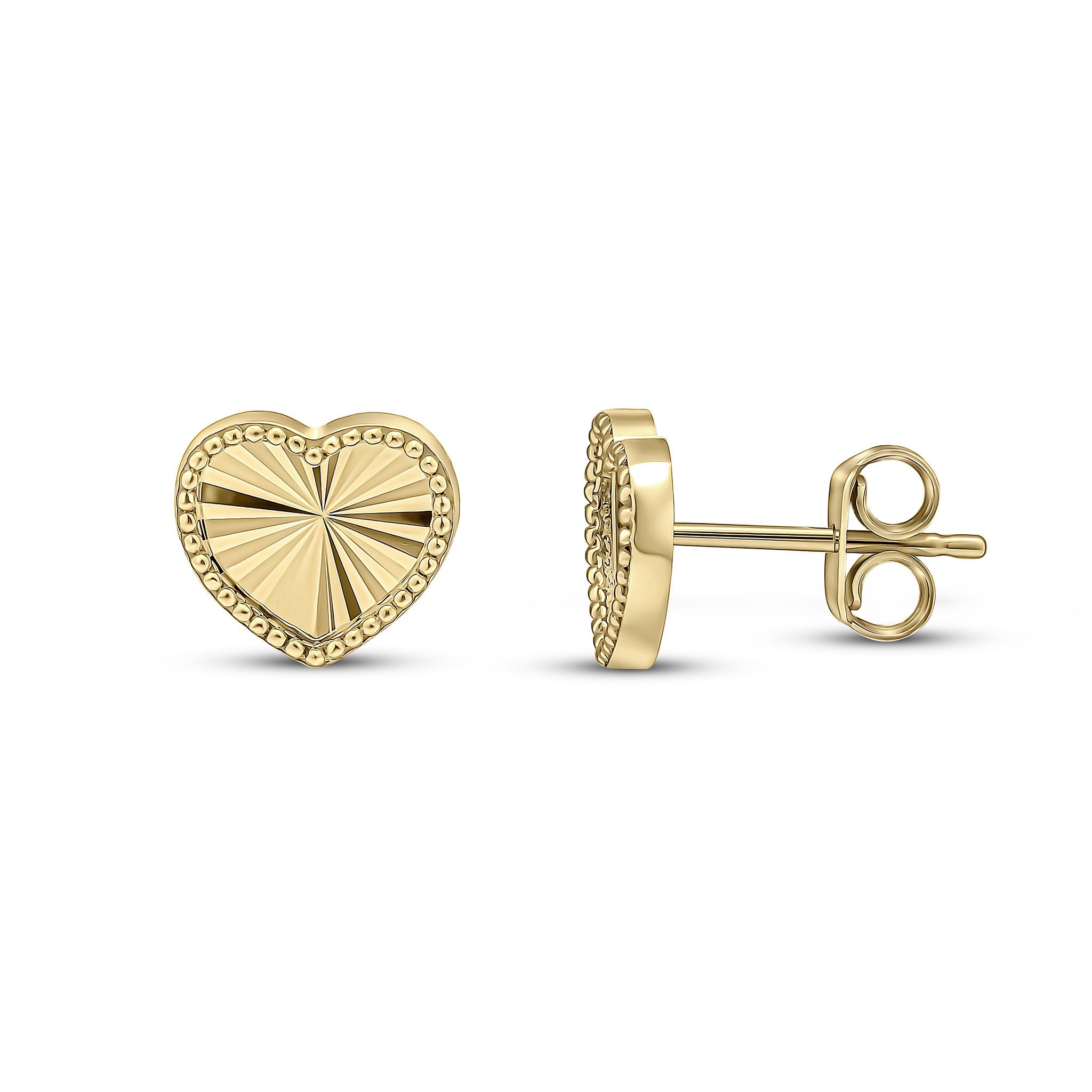 9CT YG DIAMOND CUT HEART STUD EARRINGS WITH BEADED EDGE. LARGE