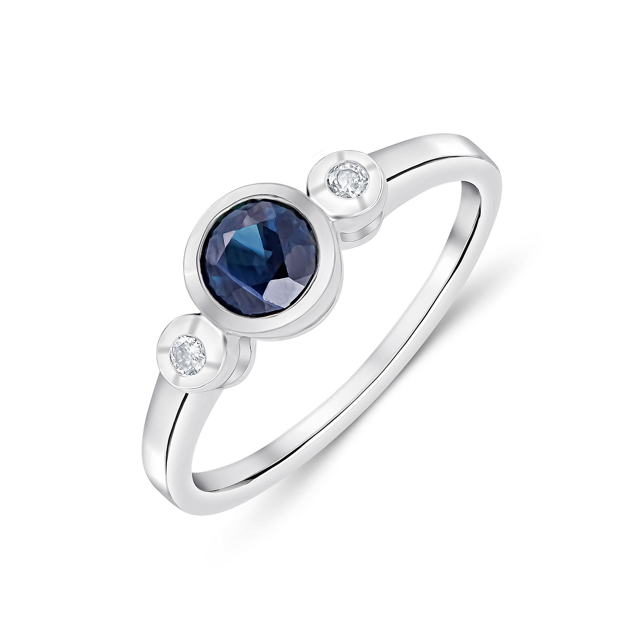 9CT WG 5MM ROUND SAPPHIRE AND ROUND DIAMOND RUBOVER 3ST RING