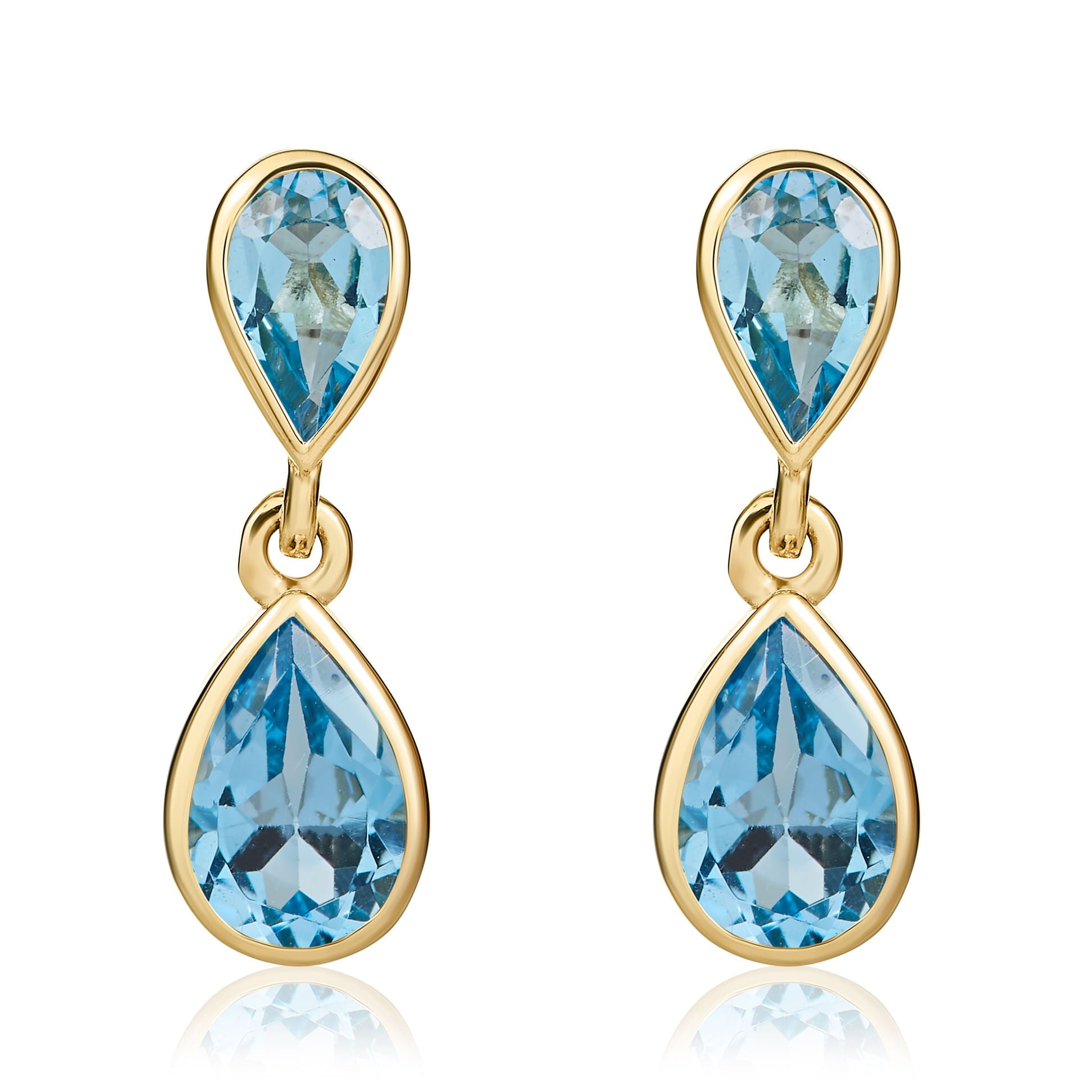9CT YG PEARSHAPE SWISS BLUE TOPAZ RUBOVER 2ST DROP EARRINGS