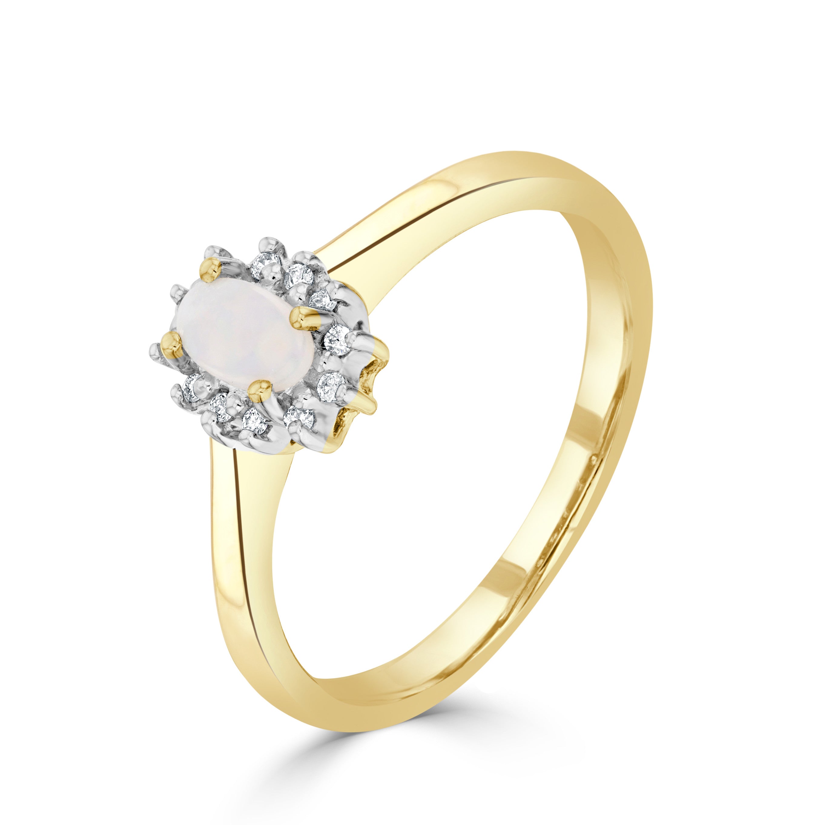 9CT YG 5X3 OVAL OPAL & DIAMOND CLAW SET CLUSTER RING. RHODIUM TO DIAMONDS