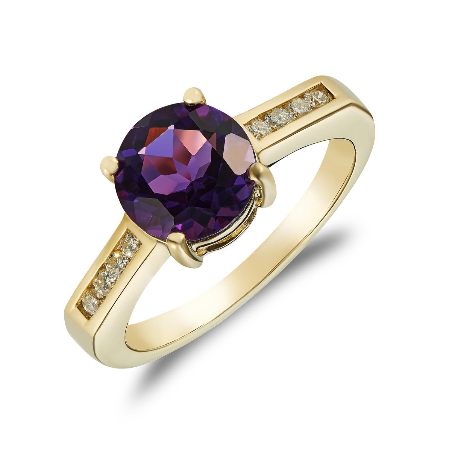9CT YG CLAW SET 8MM ROUND AMETHYST SINGLE STONE RING WITH CHANNEL SET DIAMOND SHOULDERS