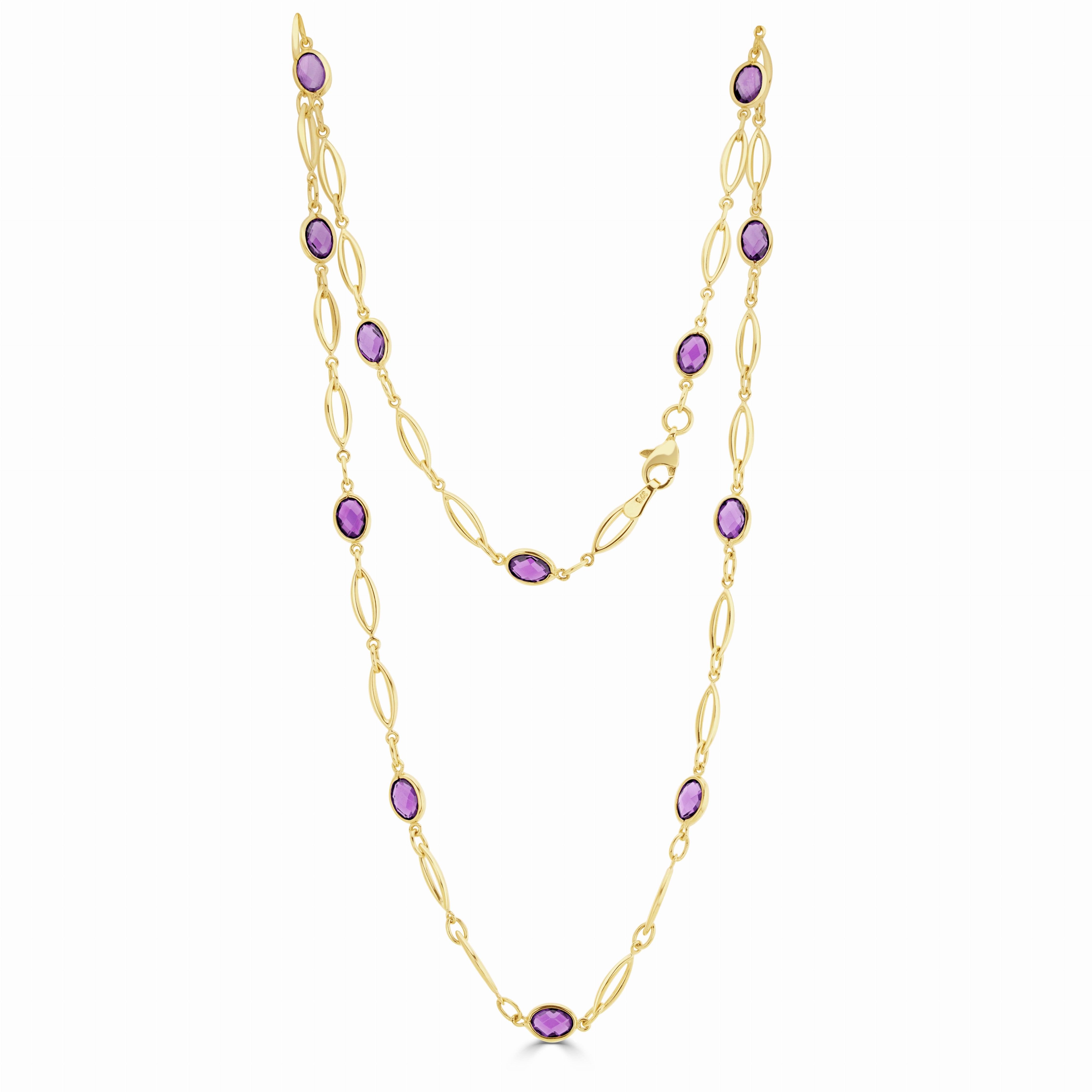 9CT YELLOW GOLD SPEC SET OVAL AMETHYST & GOLD OPEN MARQUISE MOTIFS NECKLACE