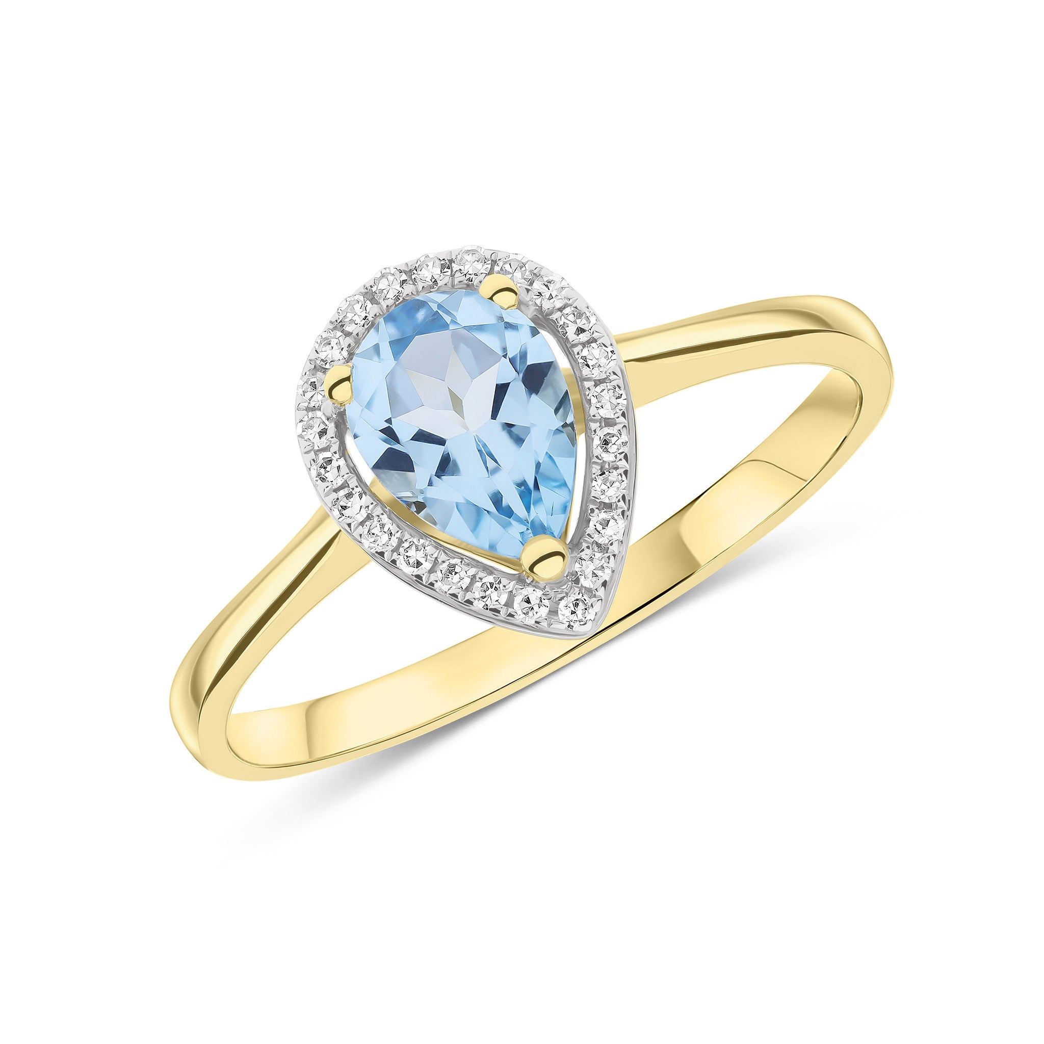 9CT YG 7X5 PEARSHAPE SWISS BLUE TOPAZ & ROUND DIAMOND CLAW SET HALO CLUSTER RING. RHODIUM TO DIAMONDS