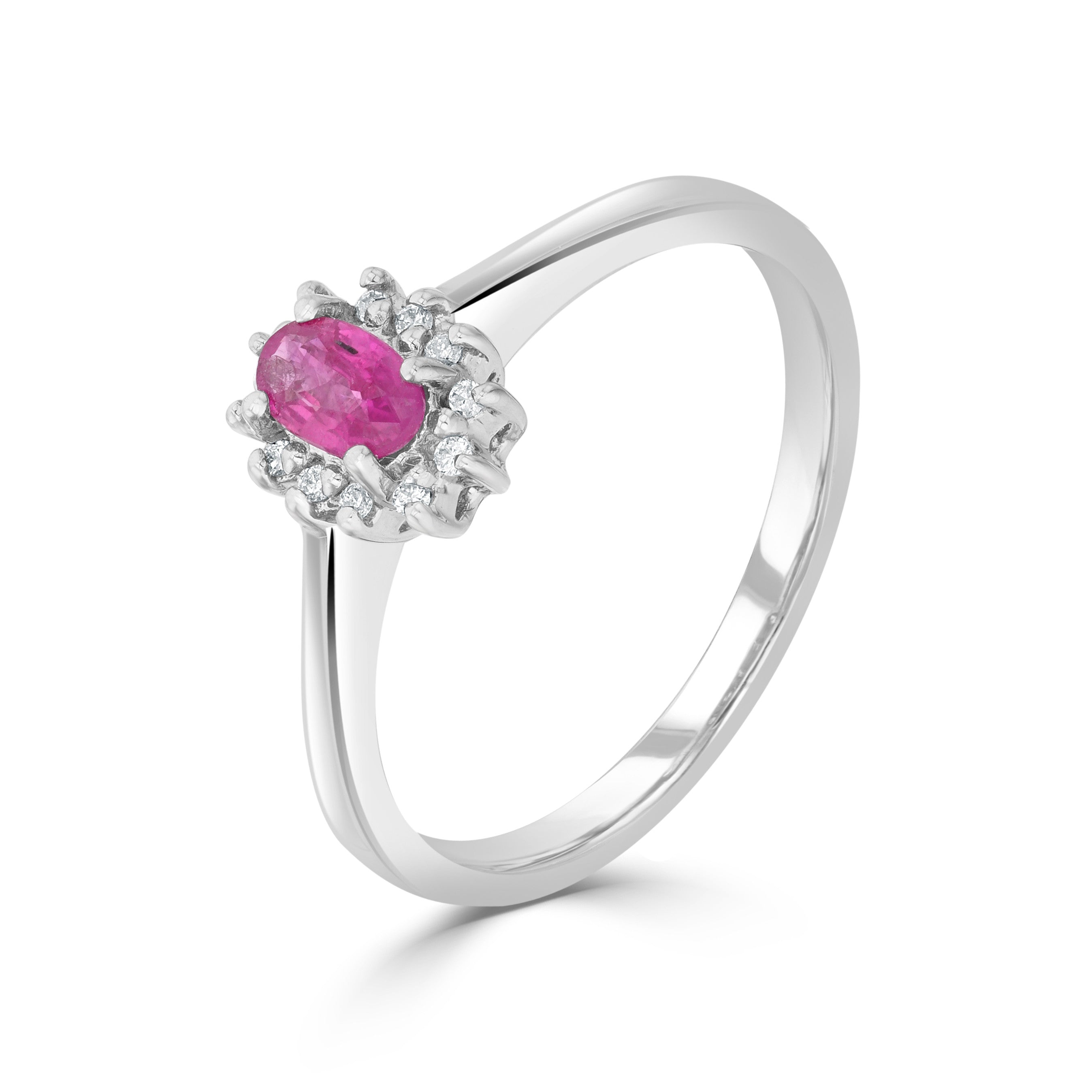 9CT WG 5X3 OVAL RUBY & DIAMOND CLAW SET CLUSTER RING