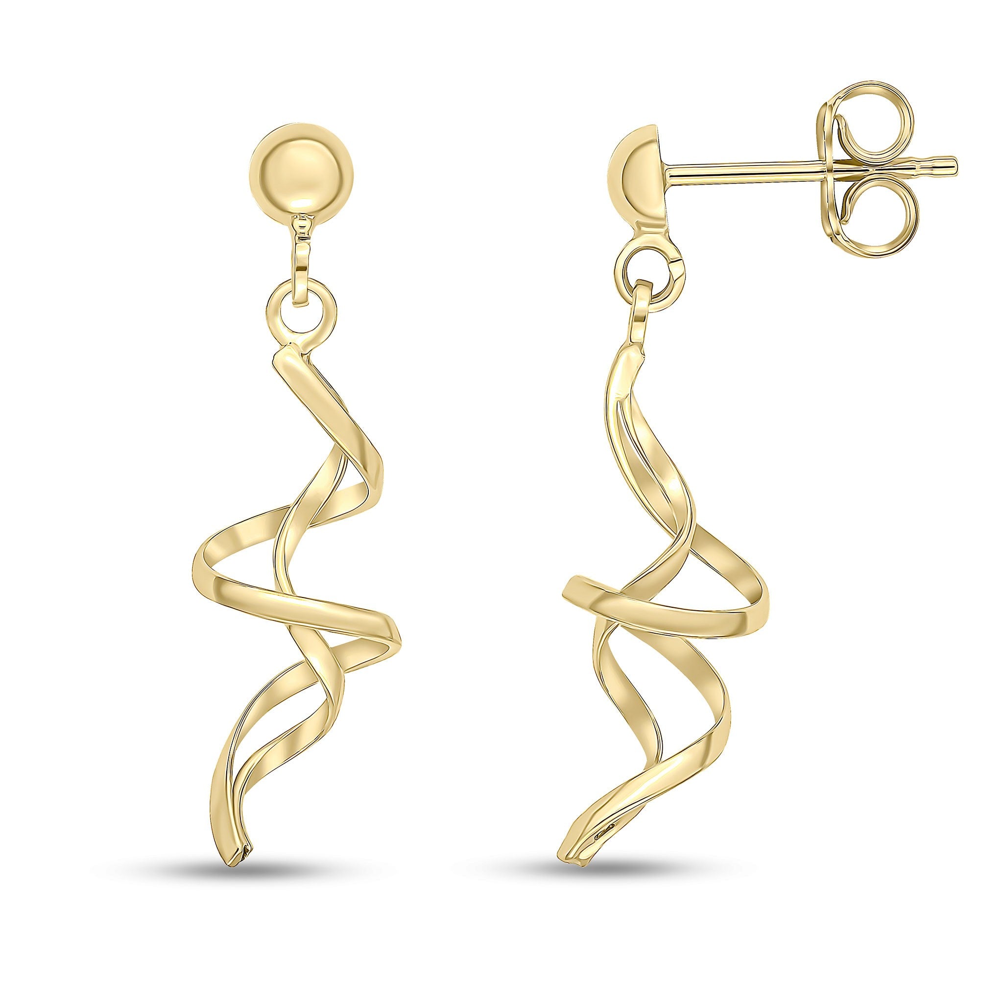 9CT YG SPIRAL DROP EARRINGS WITH HALF BEAD STUD TOP