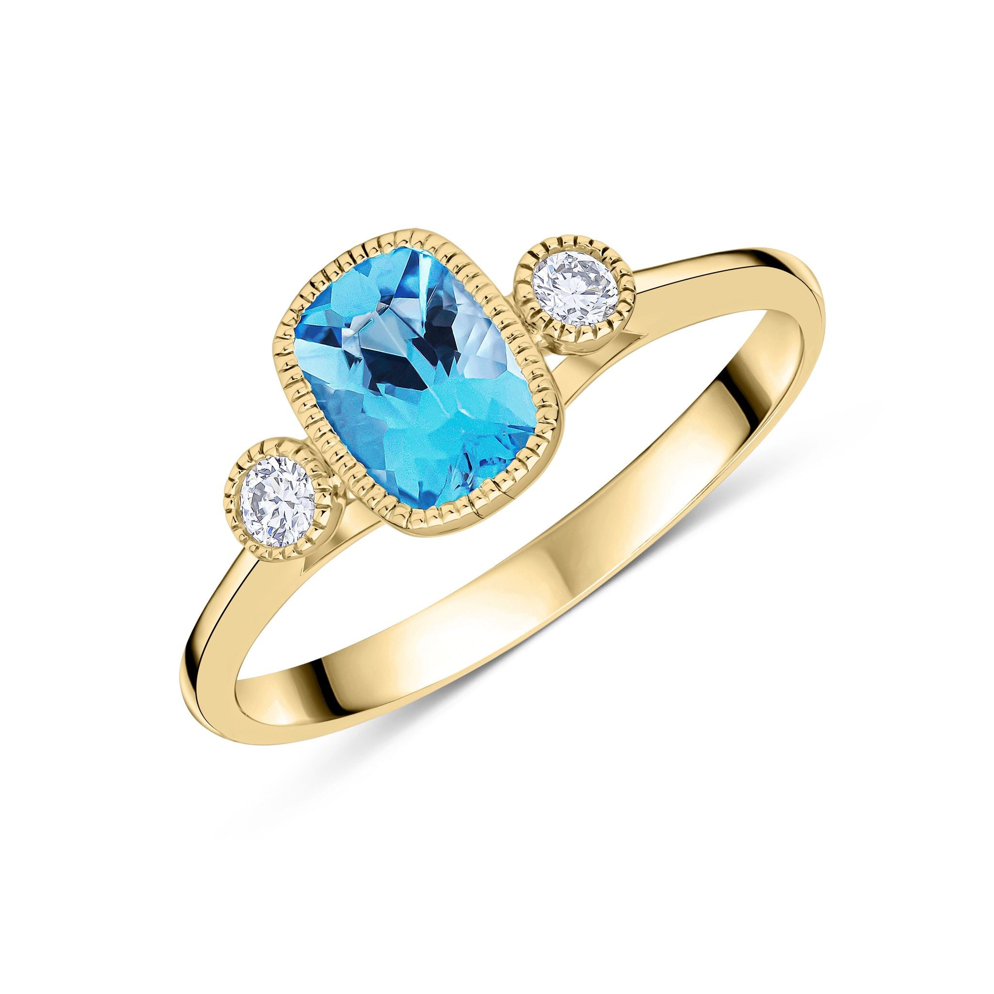 9CT YG 7X5 CUSHION SWISS BLUE TOPAZ & ROUND DIAMOND MILLEGRAIN SET 3ST RING