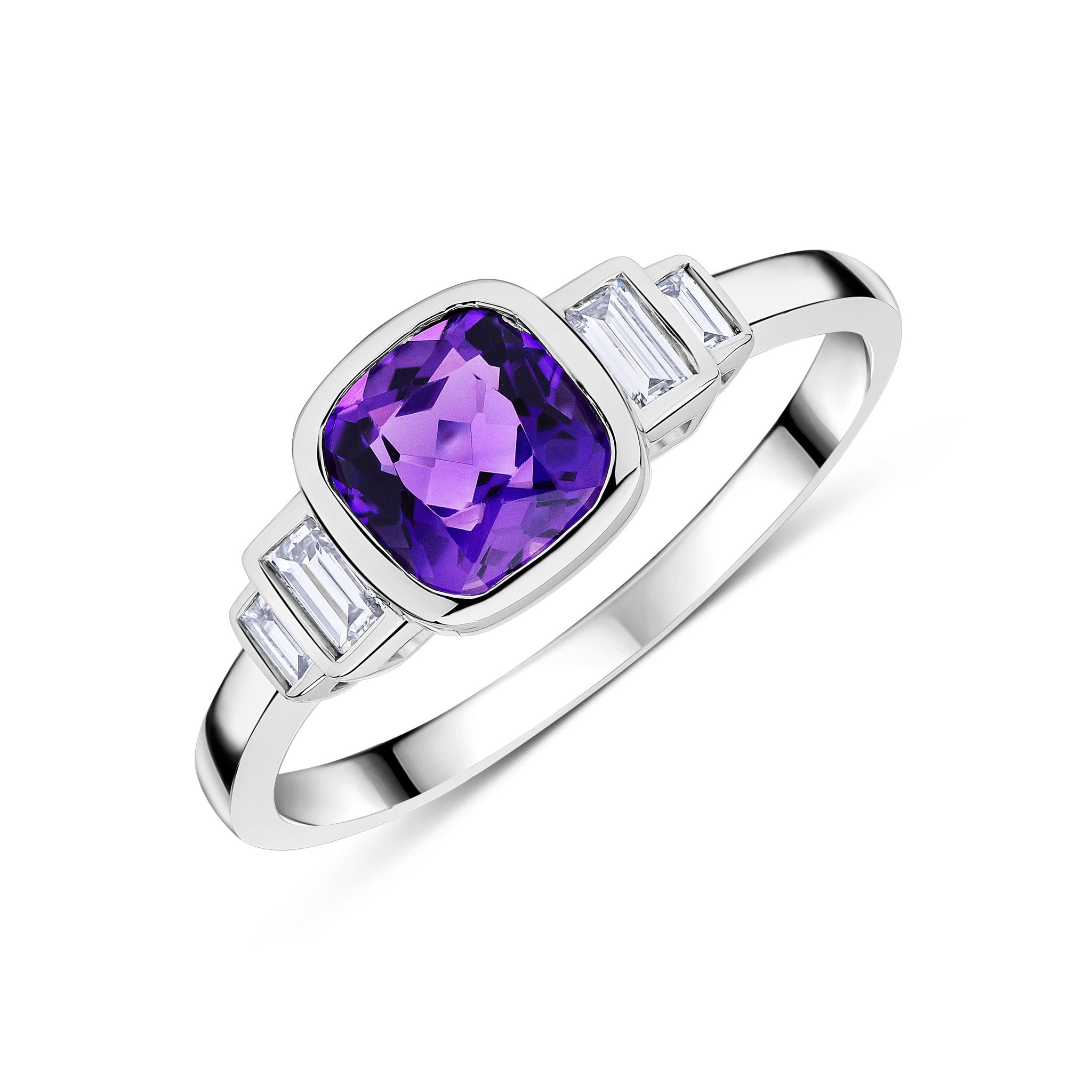 9CT WG 6MM CUSHION AMETHYST & BAGUETTE DIAMOND 2ST STEPPED SHOULDERS RING