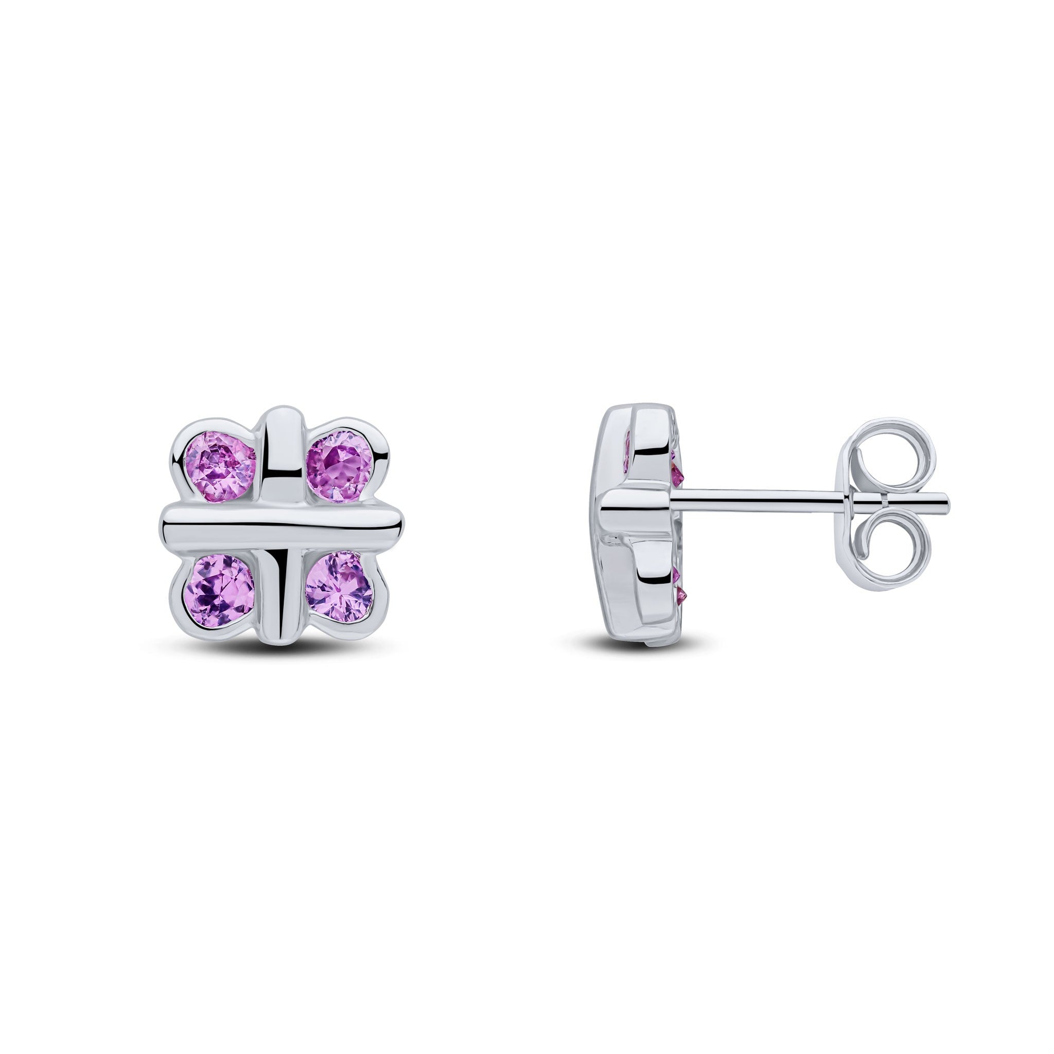 9CT WHITE GOLD ROUND PINK SAPPHIRE RUBOVER QUATREFOIL STUD EARRINGS WITH CROSS CENTRE