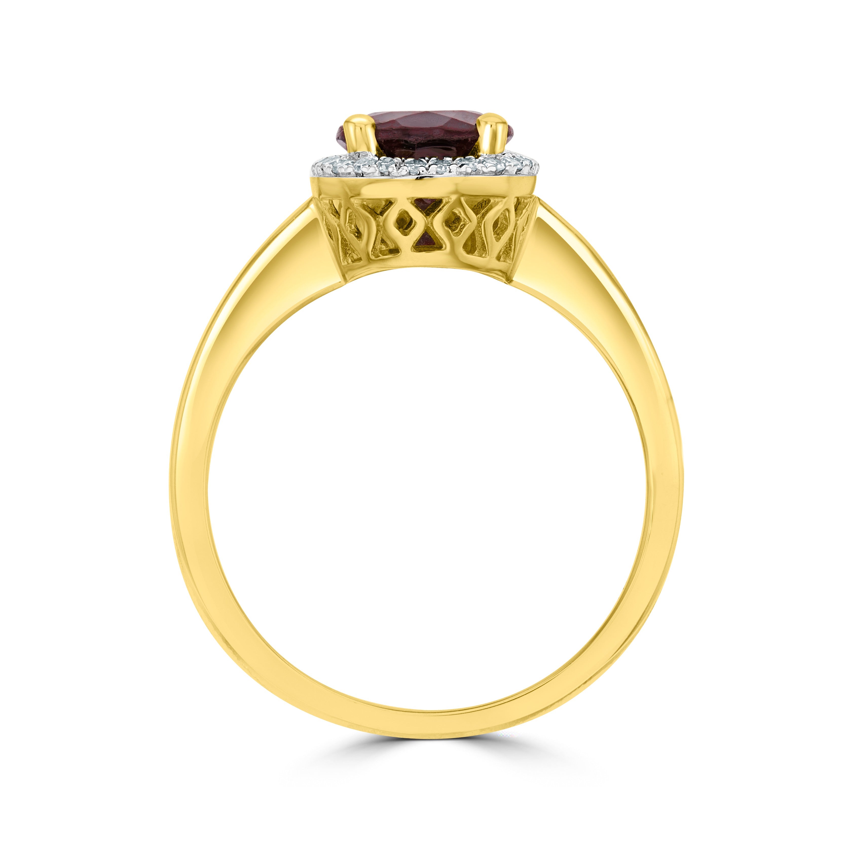 9CT YG 9X7MM OVAL GARNET & DIAMOND CLAW SET CLUSTER RING. RHODIUM TO DIAMONDS