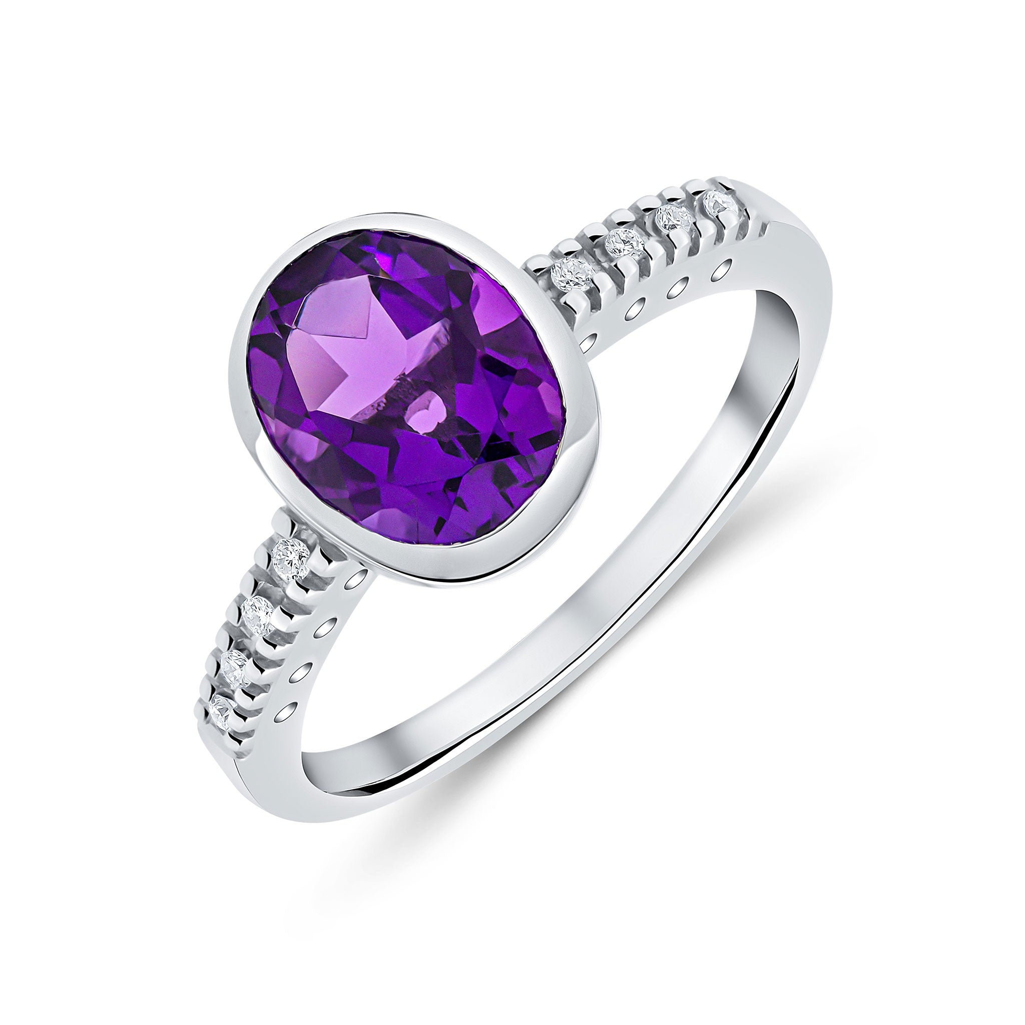 9CT WG RUBOVER 9X7 OVAL AMETHYST SINGLE STONE RING WITH CLAW SET DIAMOND SHOULDERS