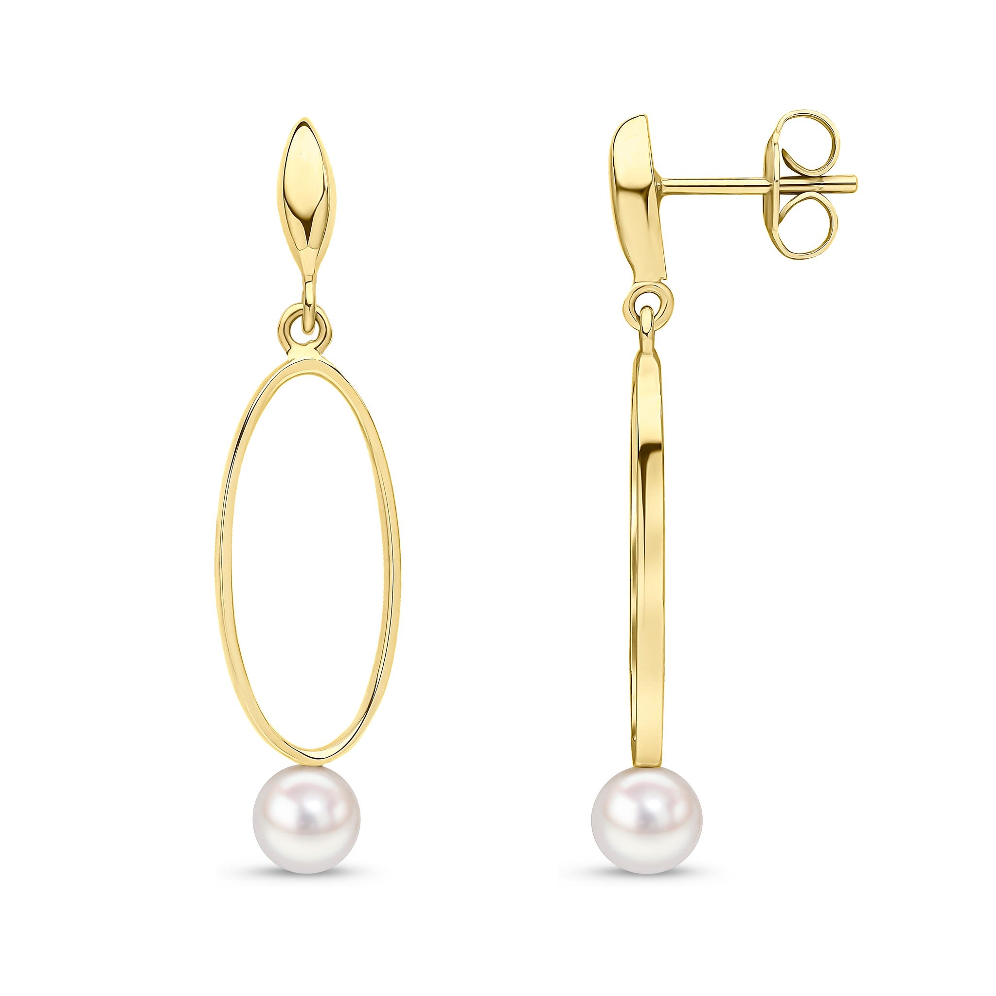 9CT YG OPEN OVAL DROP EARRINGS WITH 5MM FW PEARL BOTTOM AND MARQUISE SHAPE STUD TOP