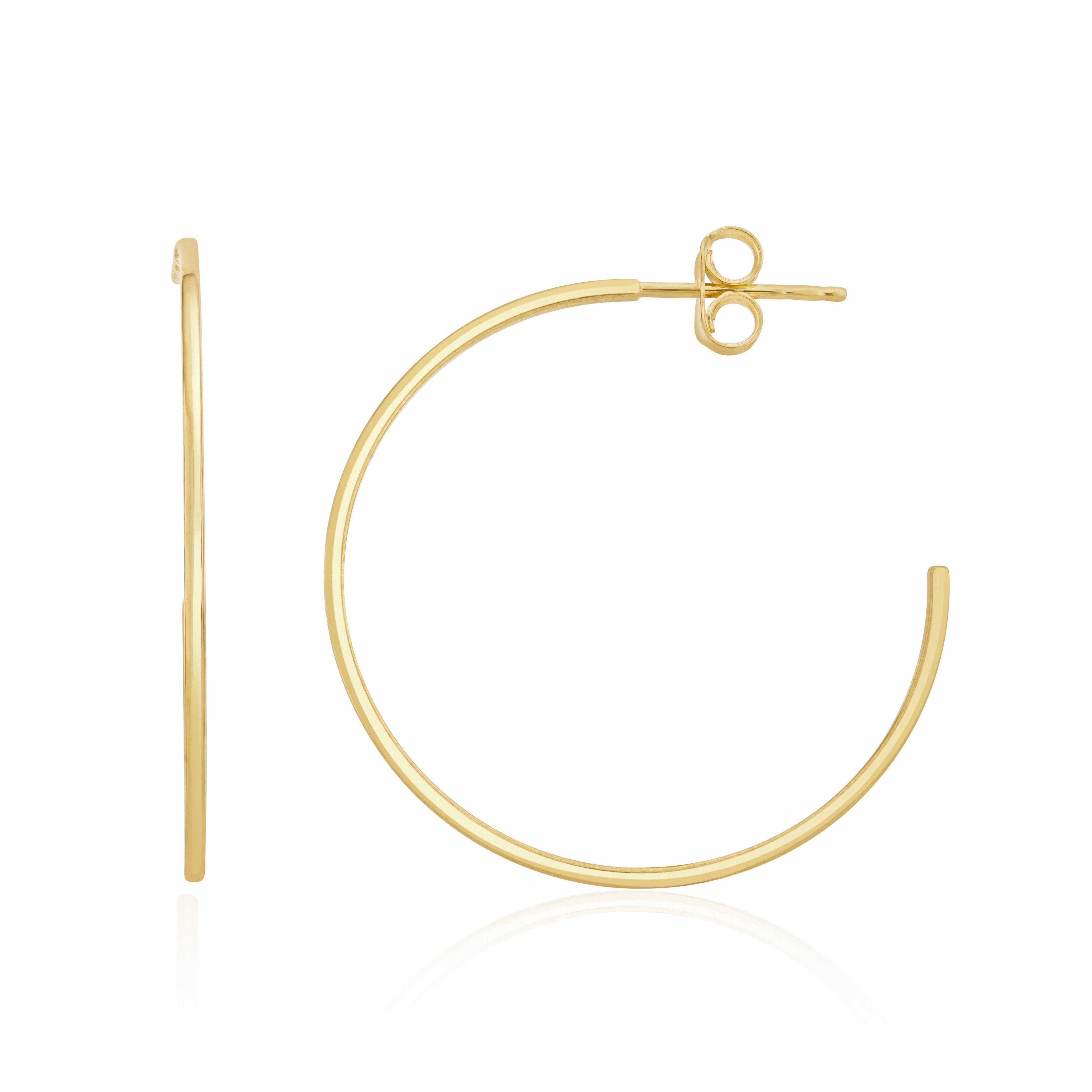 9CT YELLOW GOLD 1MM SQUARE TUBE PEG AND SCROLL HOOP EARRINGS. 32MM DIAMETER