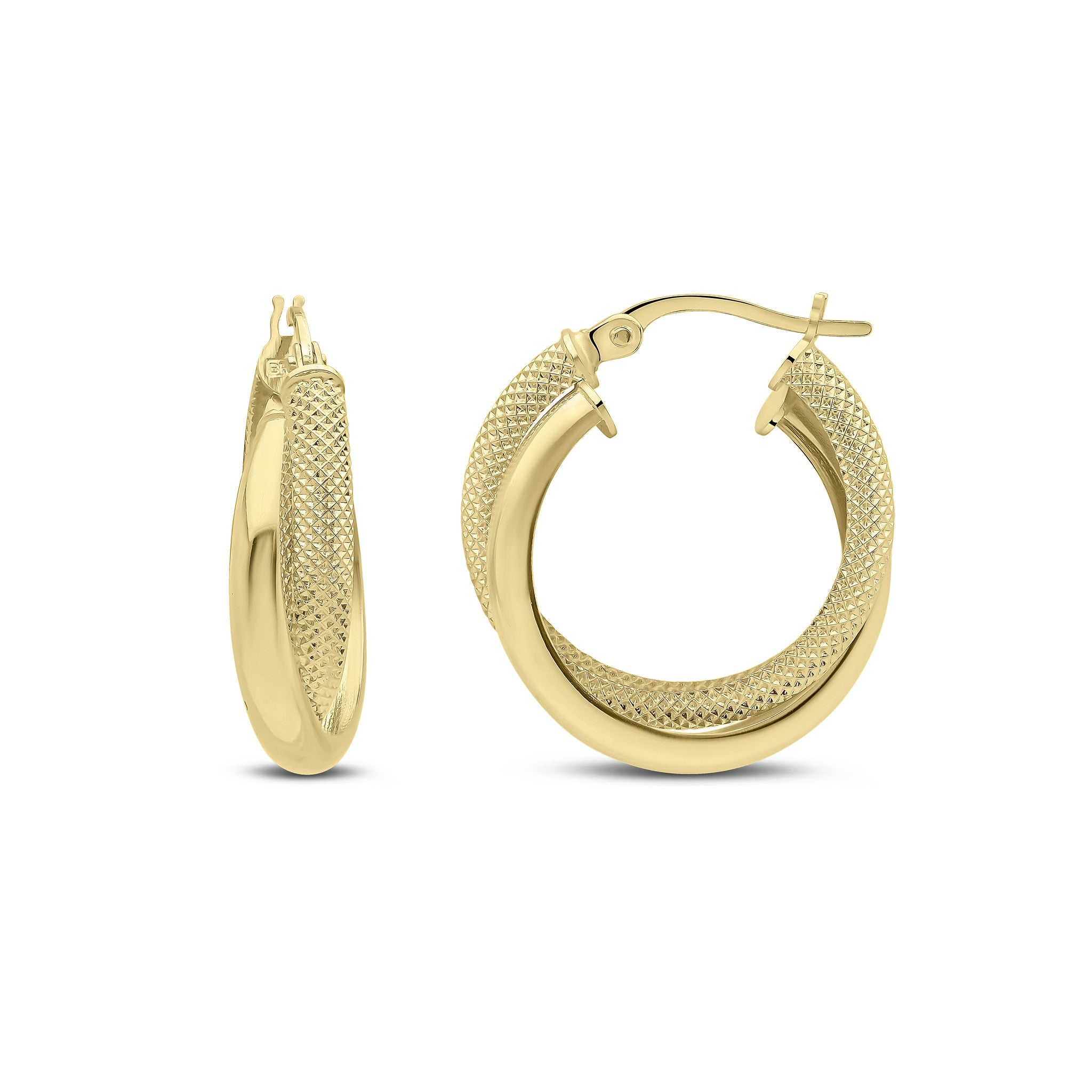 18CT YELLOW GOLD TEXTURED AND PLAIN DOUBLE HOOP EARRINGS