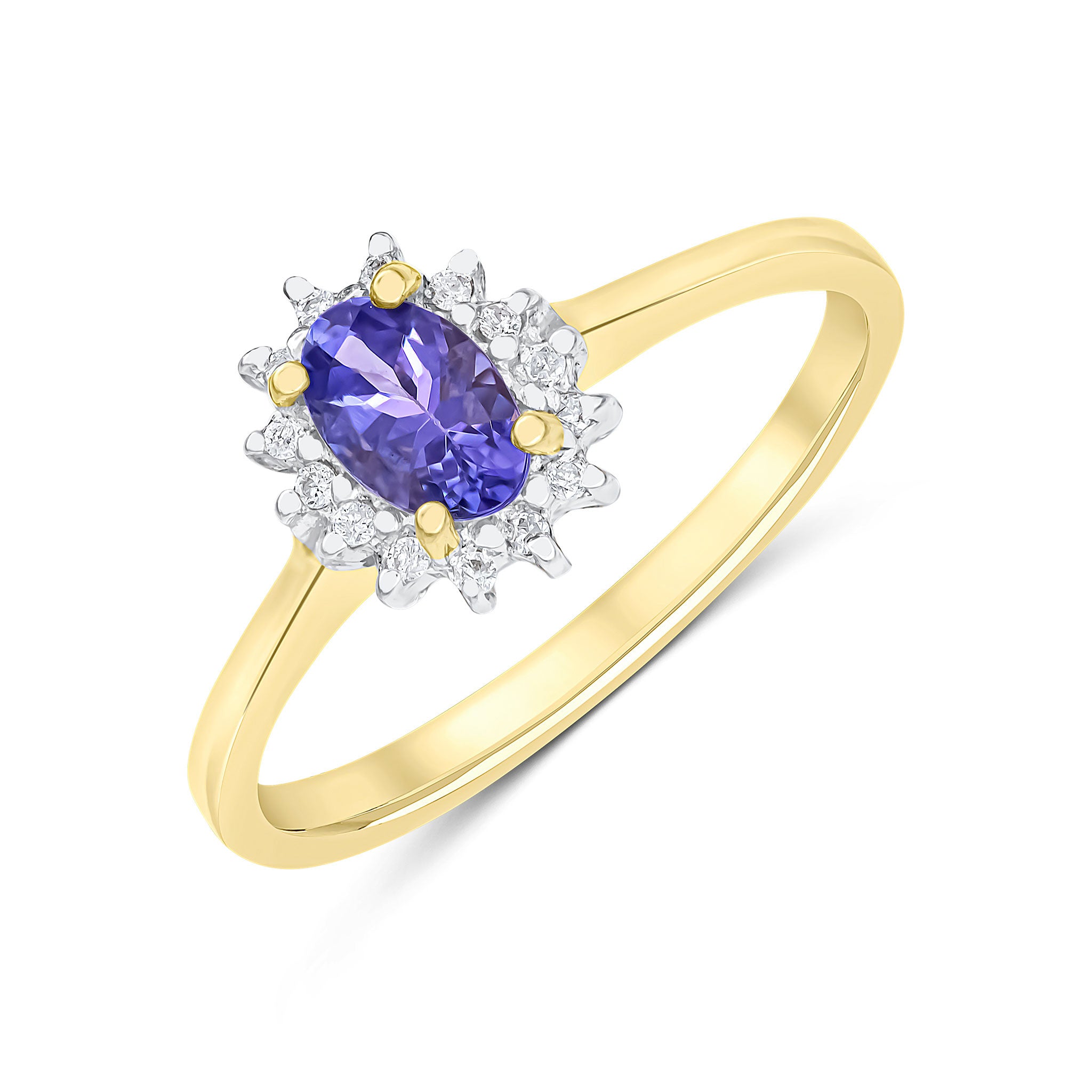 9CT YG 6X4 OVAL TANZANITE & DIAMOND CLAW SET CLUSTER RING. RHODIUM TO DIAMONDS