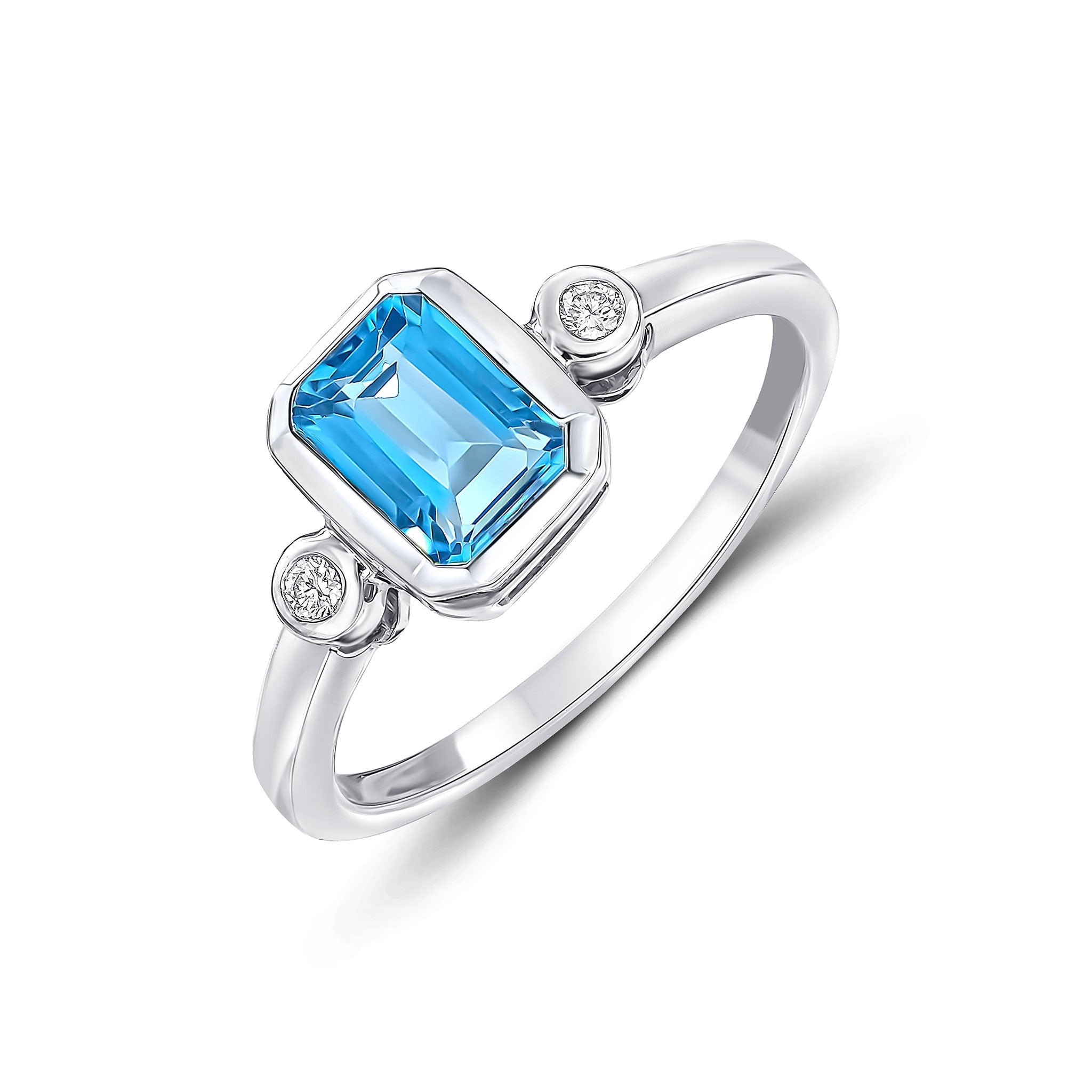 9CT WG 7X5 OCTAGON SWISS BLUE TOPAZ AND ROUND DIAMOND 3ST RUBOVER RING