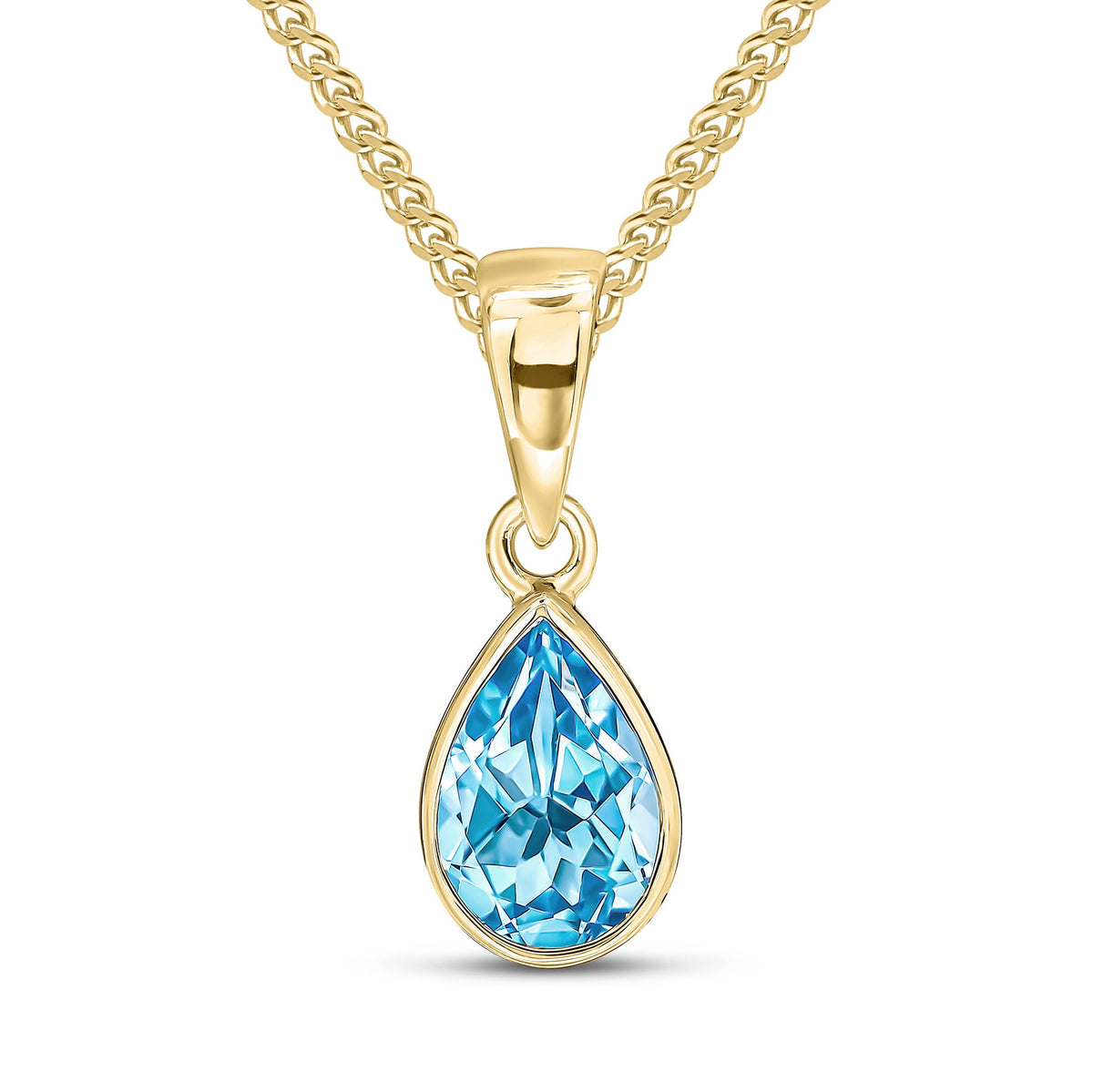 9CT YG 7X5 PEARSHAPE SWISS BLUE TOPAZ RUBOVER PENDANT