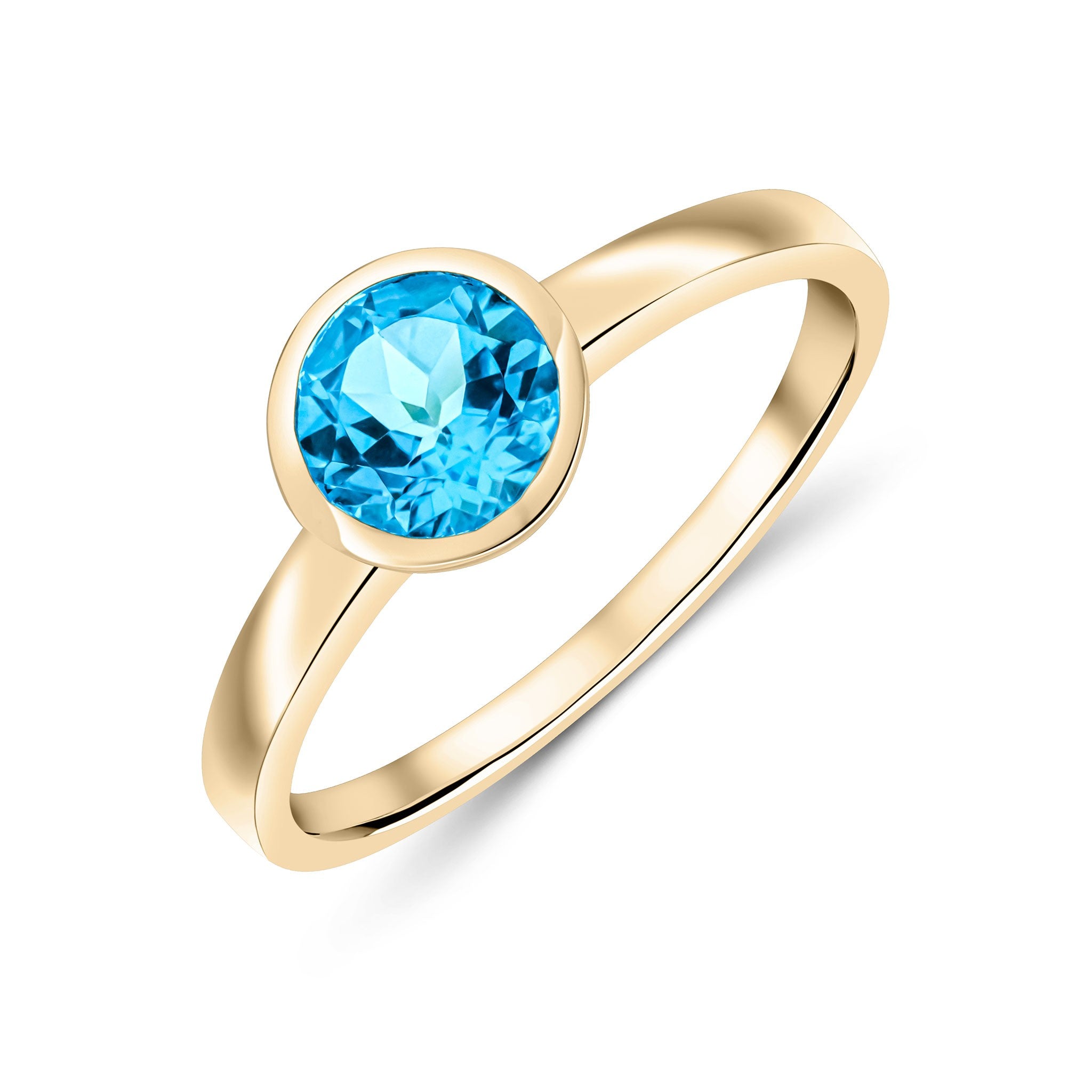 9CT YG 6MM ROUND SWISS BLUE TOPAZ RUBOVER SET SINGLE STONE RING