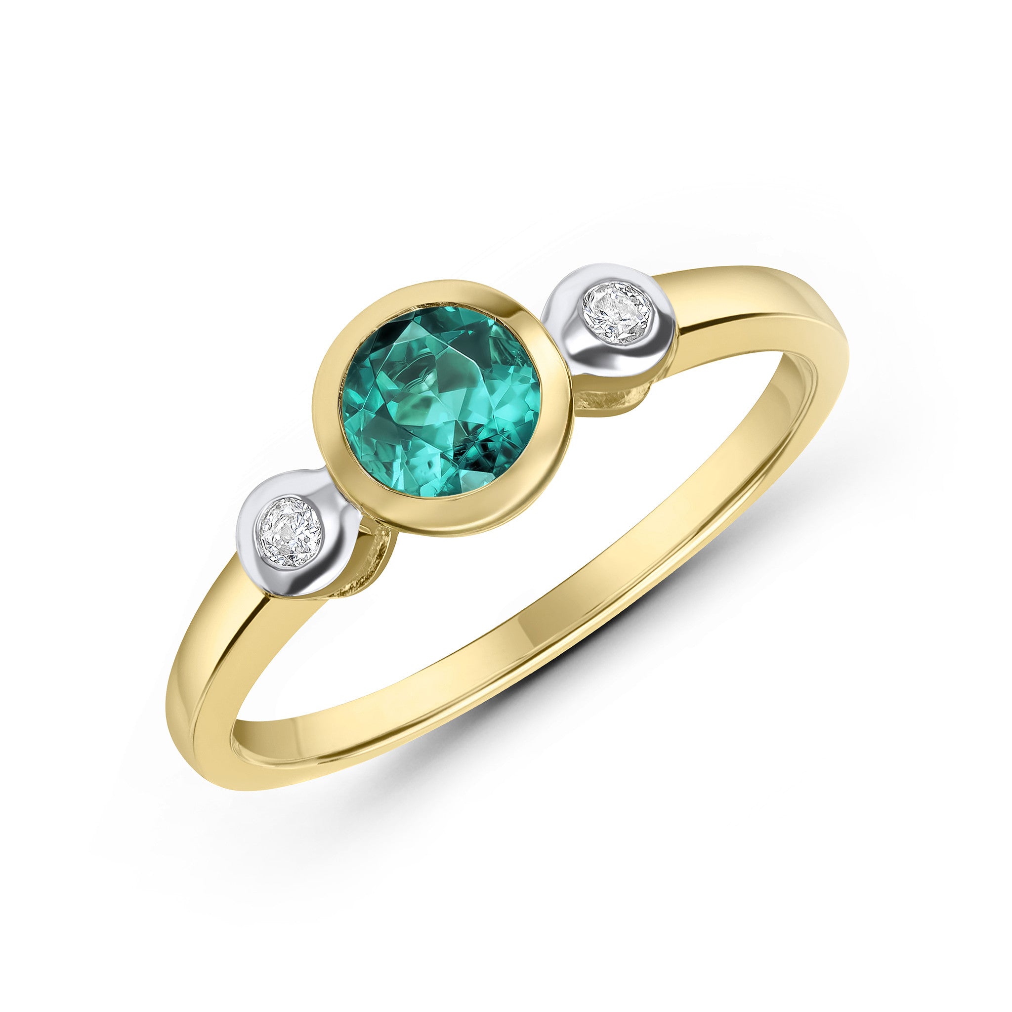 9CT YG 5MM ROUND GREEN TOURMALINE AND DIAMOND RUBOVER 3ST RING. RHODIUM TO DIAMONDS