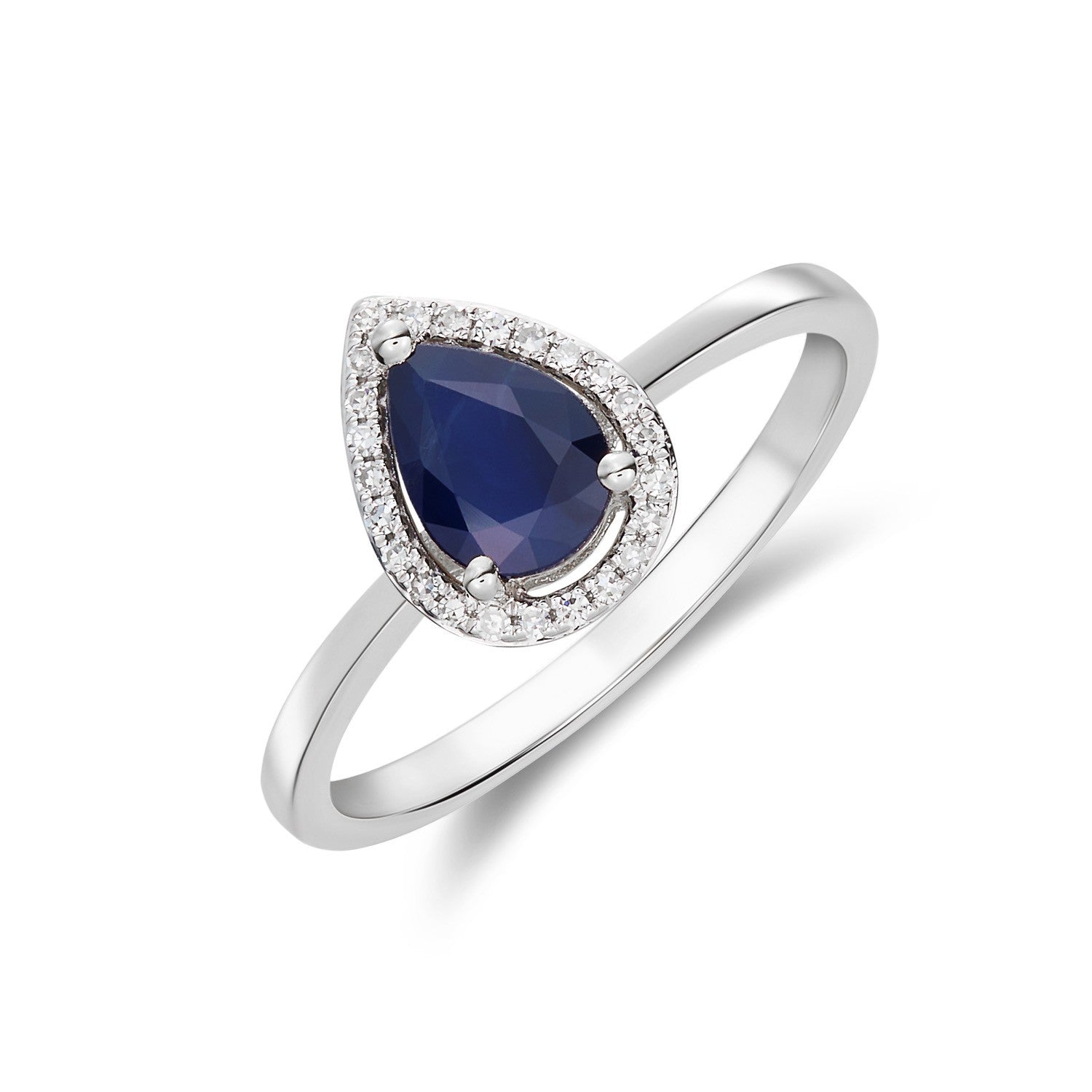 9CT WG 7X5 PEARSHAPE SAPPHIRE & DIAMOND HALO CLAW CLUSTER RING