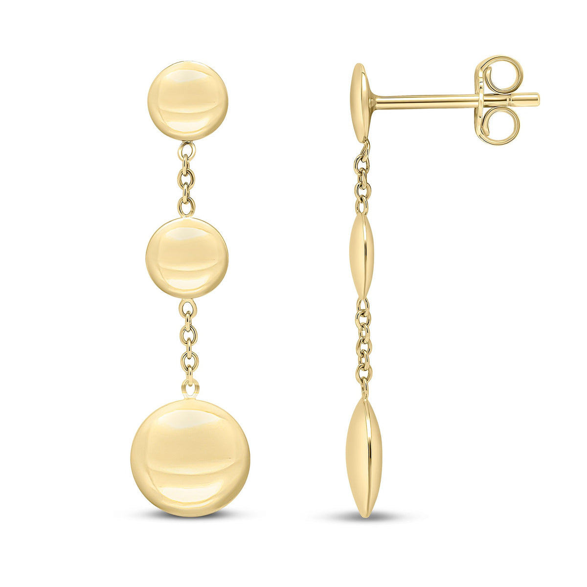 9CT YELLOW GOLD FLAT DISC AND CHAIN DROP EARRINGS