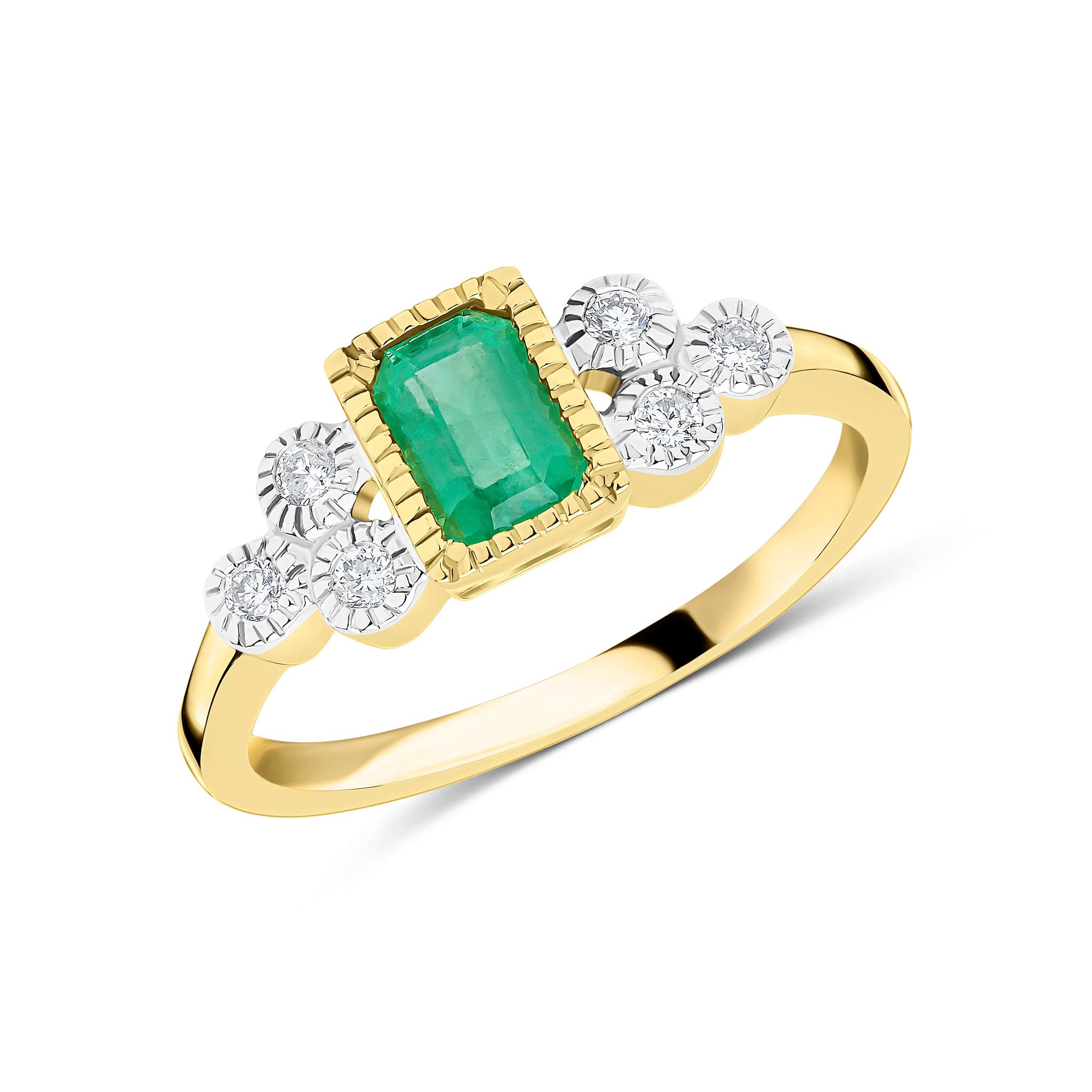 9CT YG 6X4 OCTAGON EMERALD AND DIAMOND TREFOIL SHOULDERS MILLEGRAIN SET RING. RHODIUM TO DIAMONDS